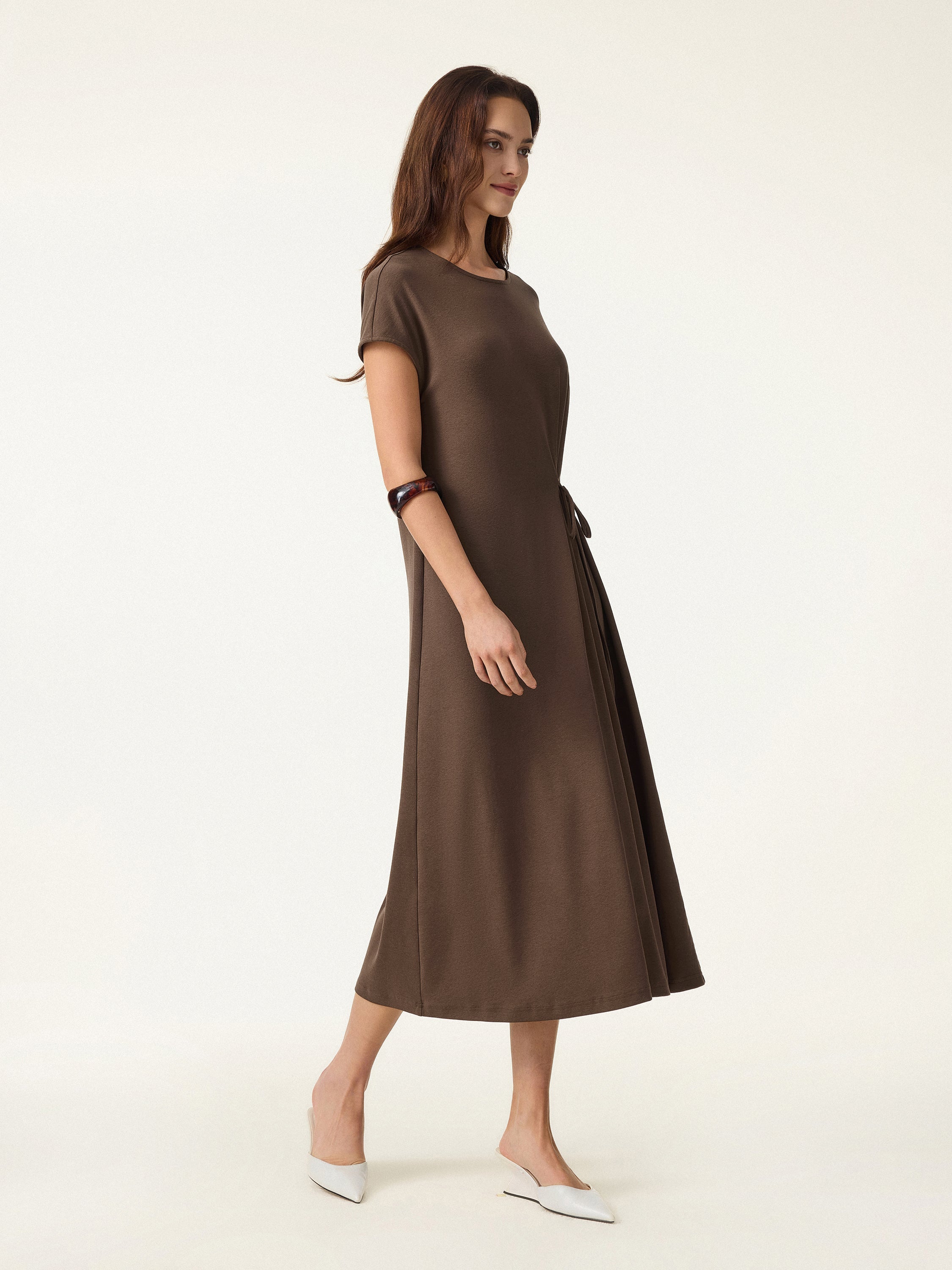 Cotton Lyocell Easy Airy Midi Dress with Self-Tie