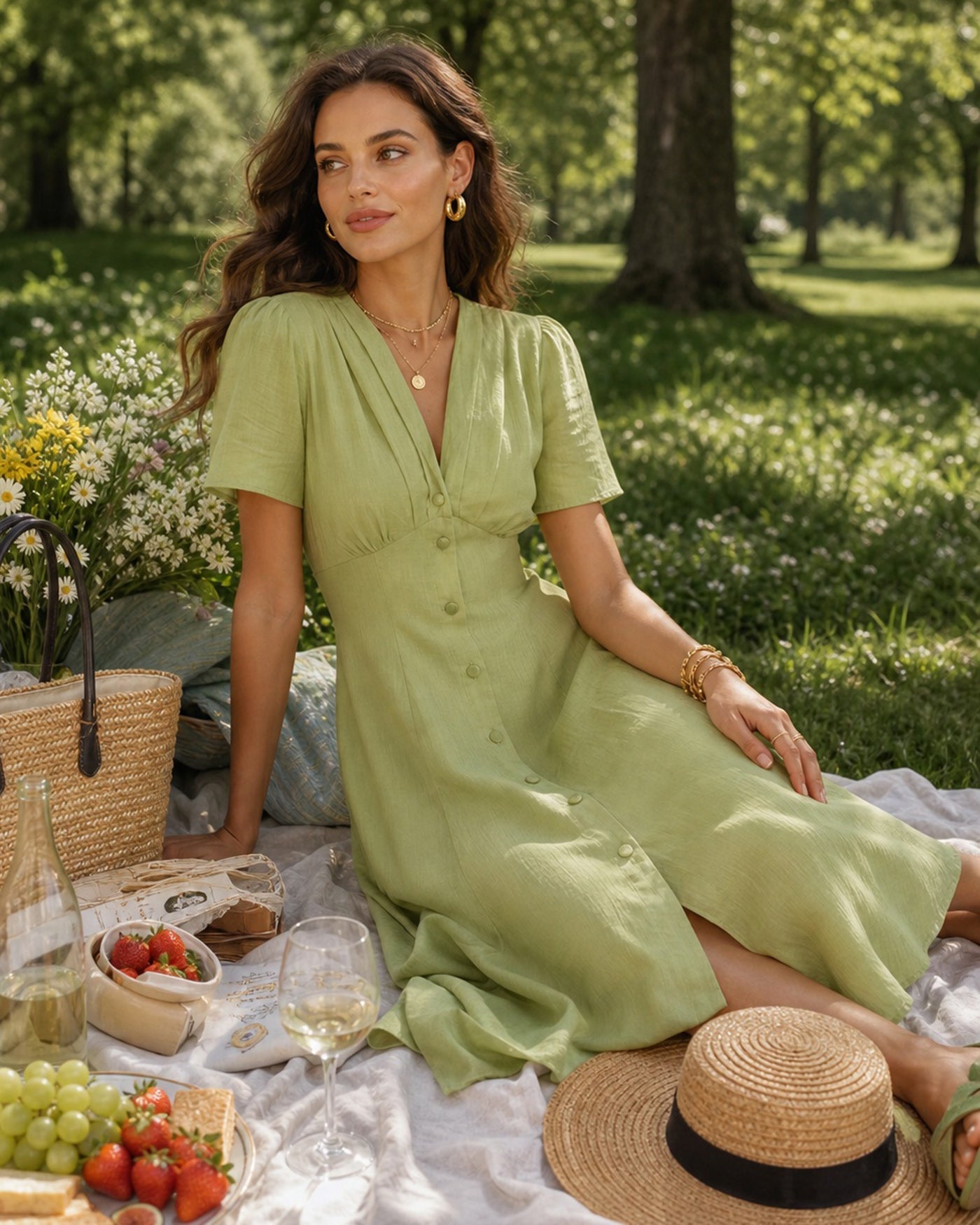 Green V Neck Button A-Line Midi Dress