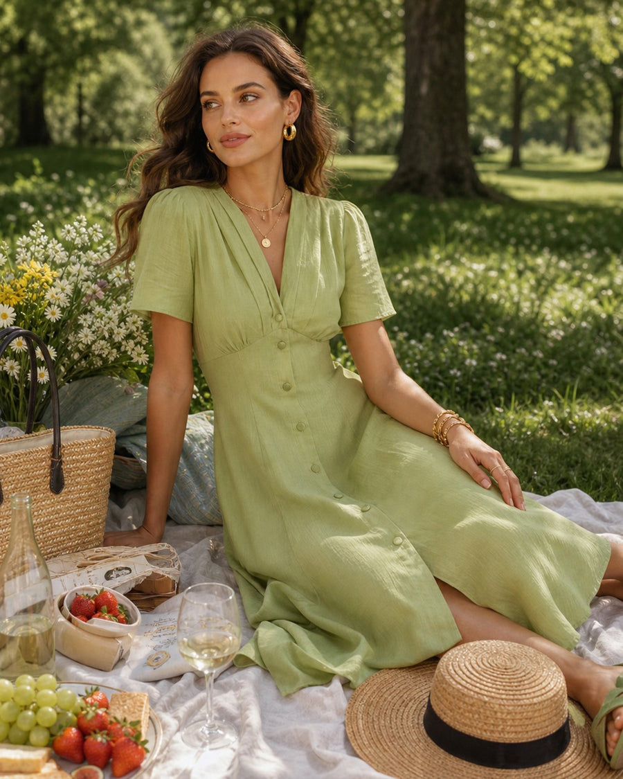 Green V Neck Button A-Line Midi Dress