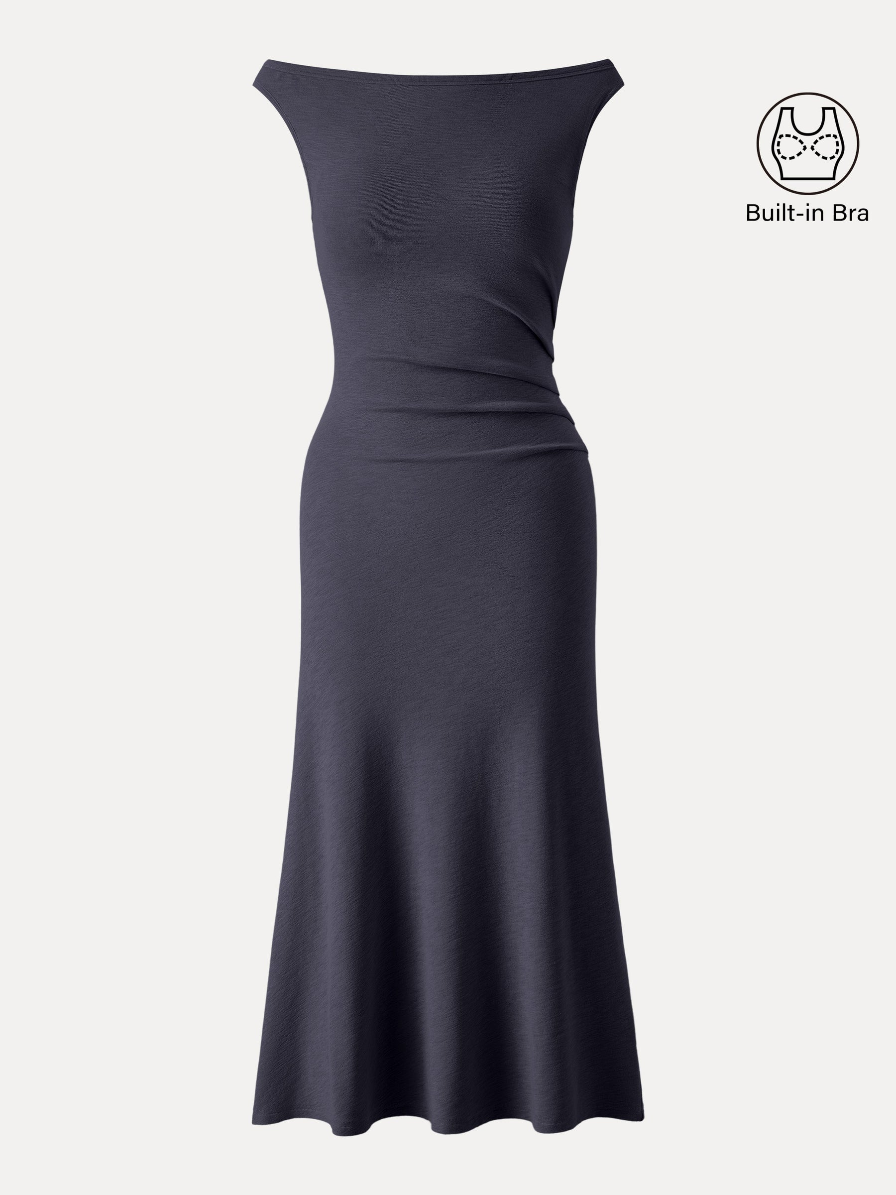 Elegant Boatneck Tucked Fit-and-Flare Midi Bra Dress