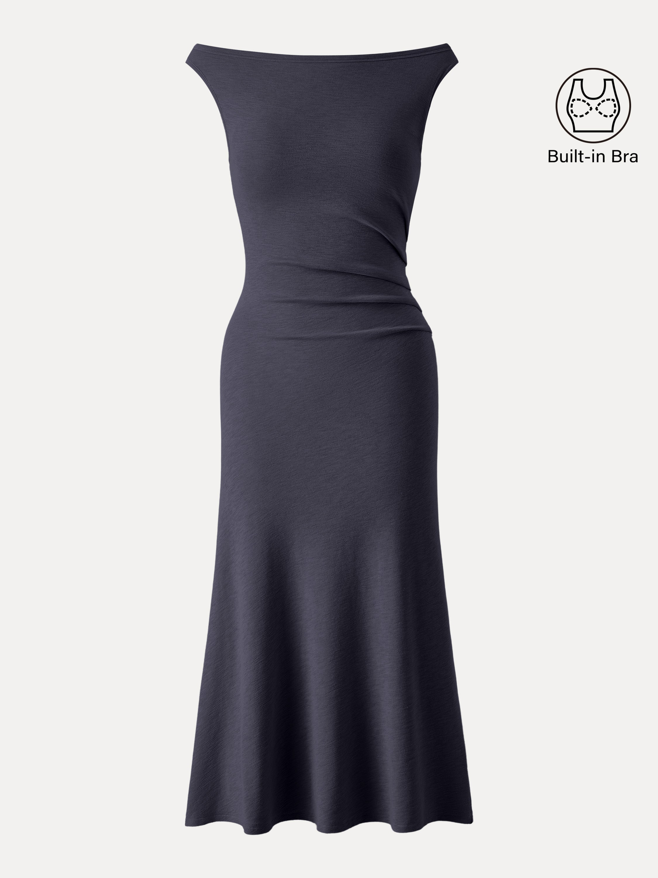 Elegant Boatneck Tucked Fit-and-Flare Midi Bra Dress