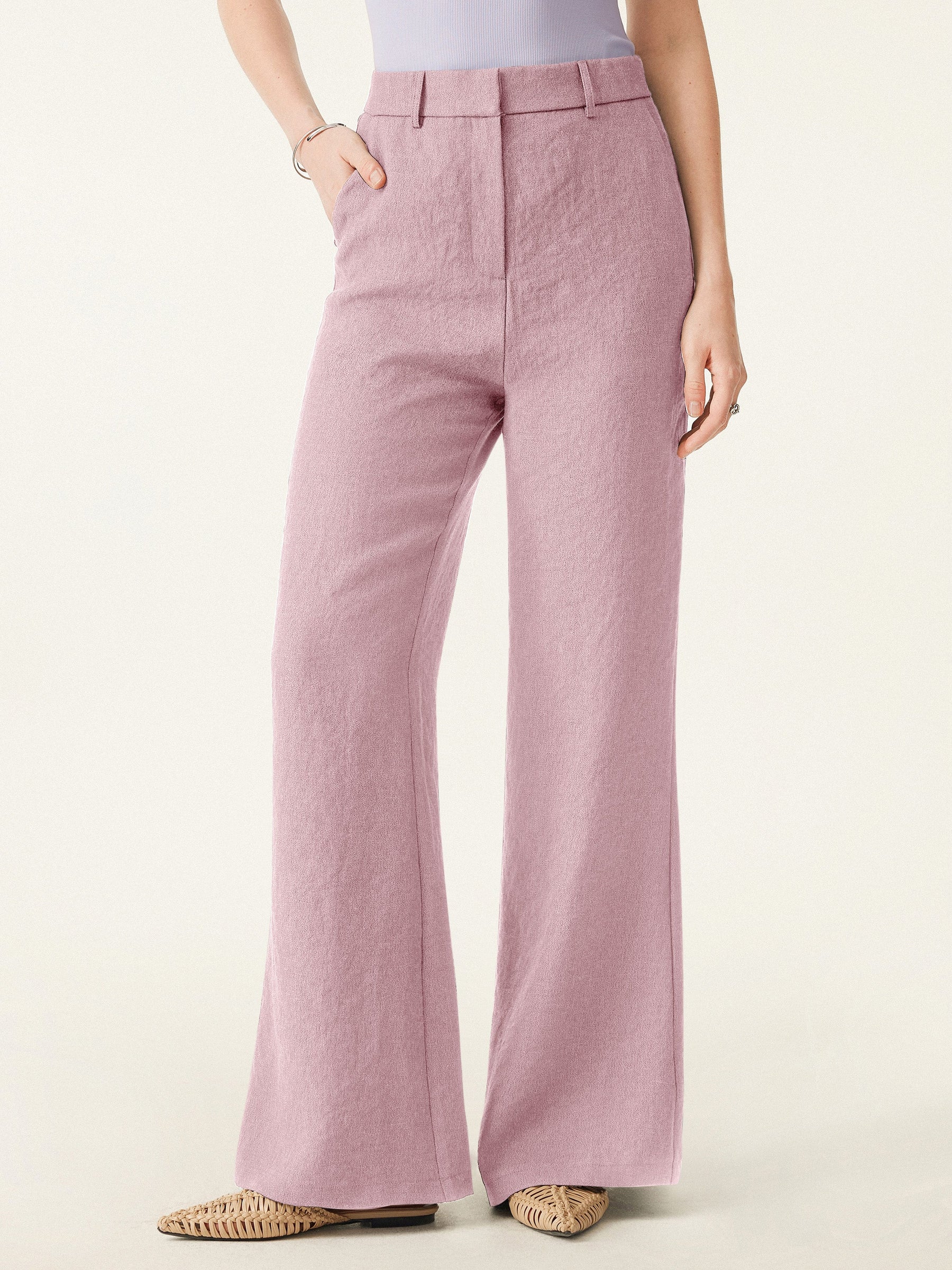 European Linen-Like Mid Rise Flared Pant with Pockets