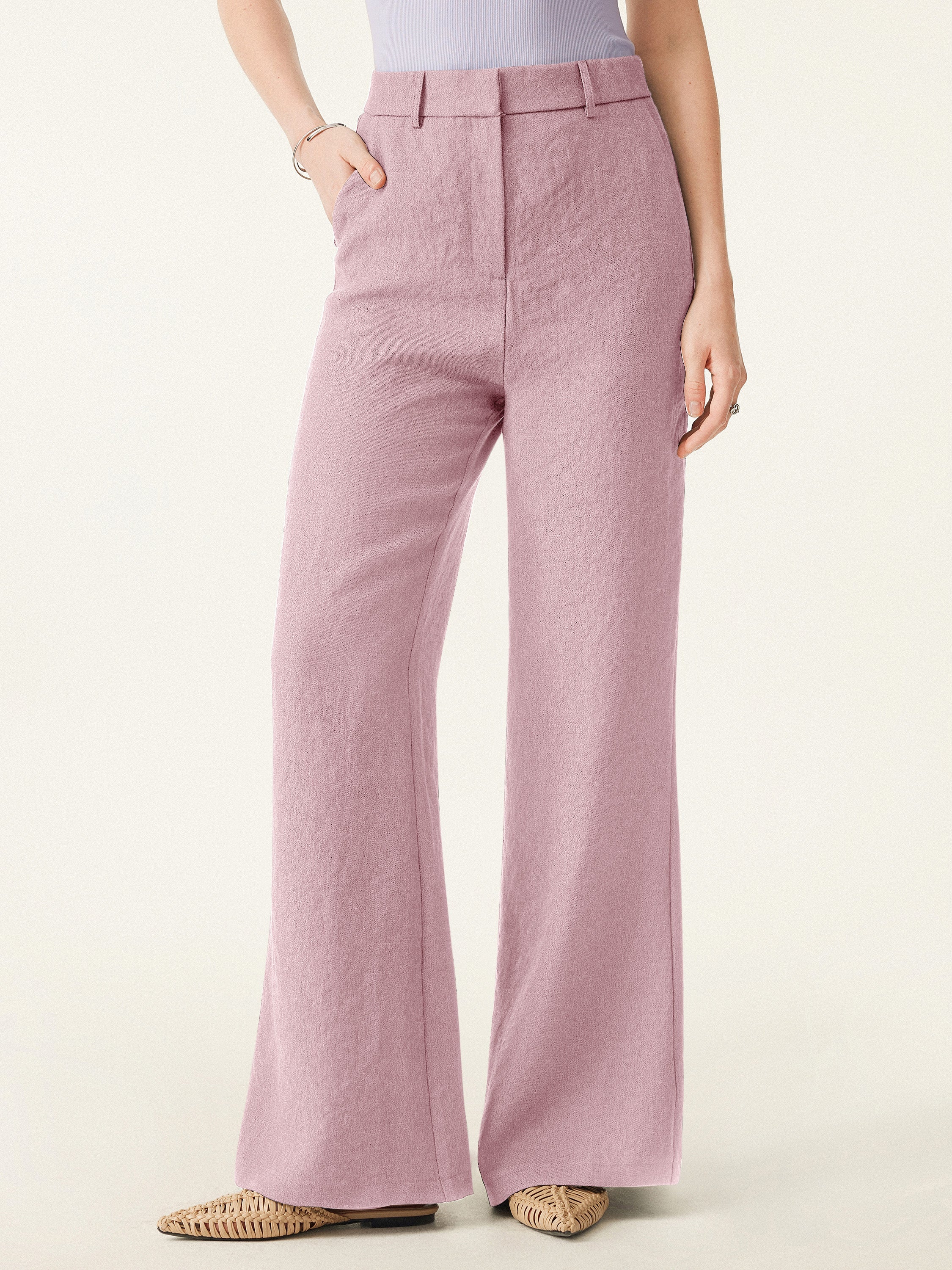 European Linen-Like Mid Rise Flared Pant with Pockets