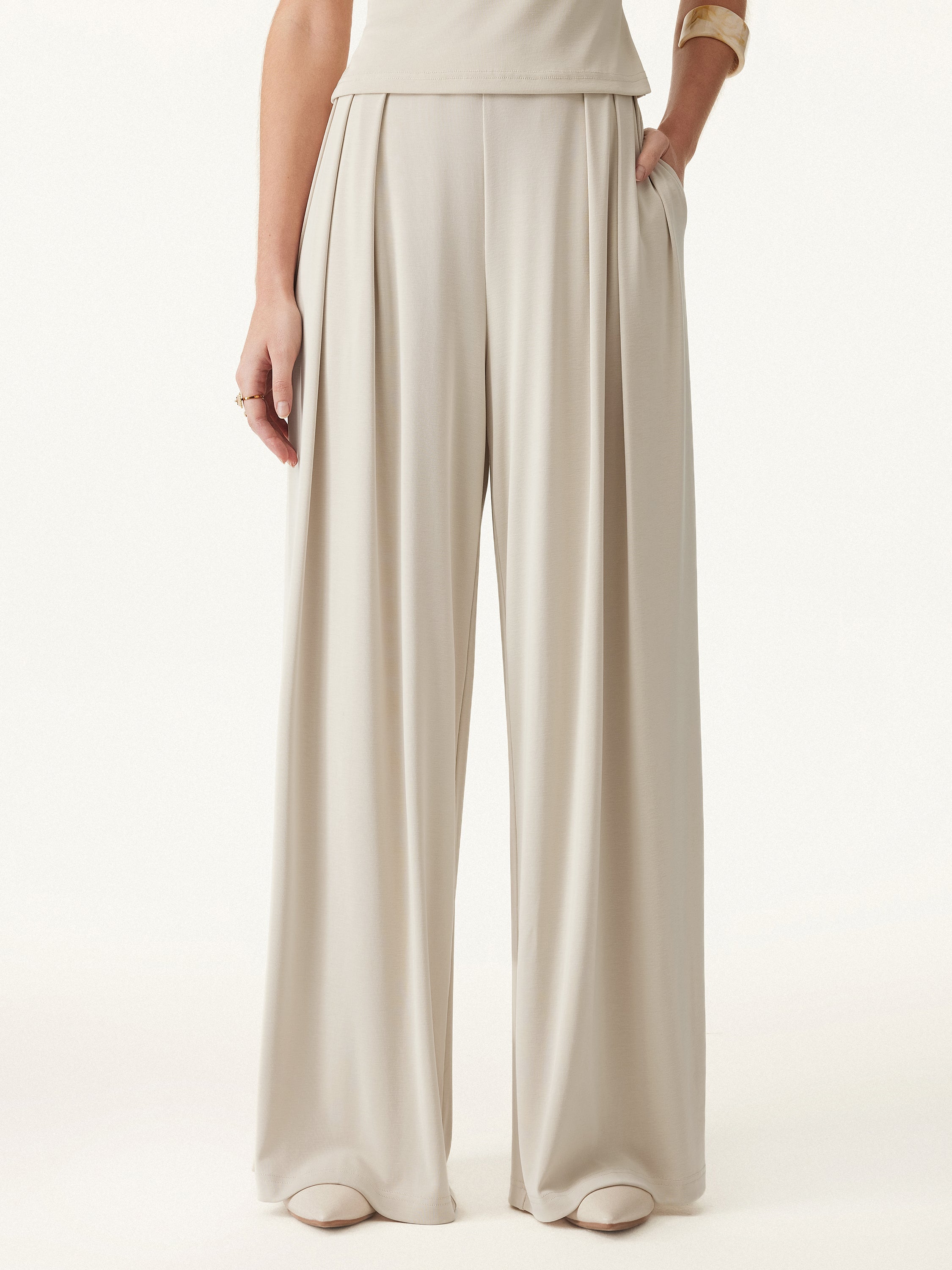 Sandwashed Mid Rise Pleated Wide Leg Palazzo Pant with Pockets