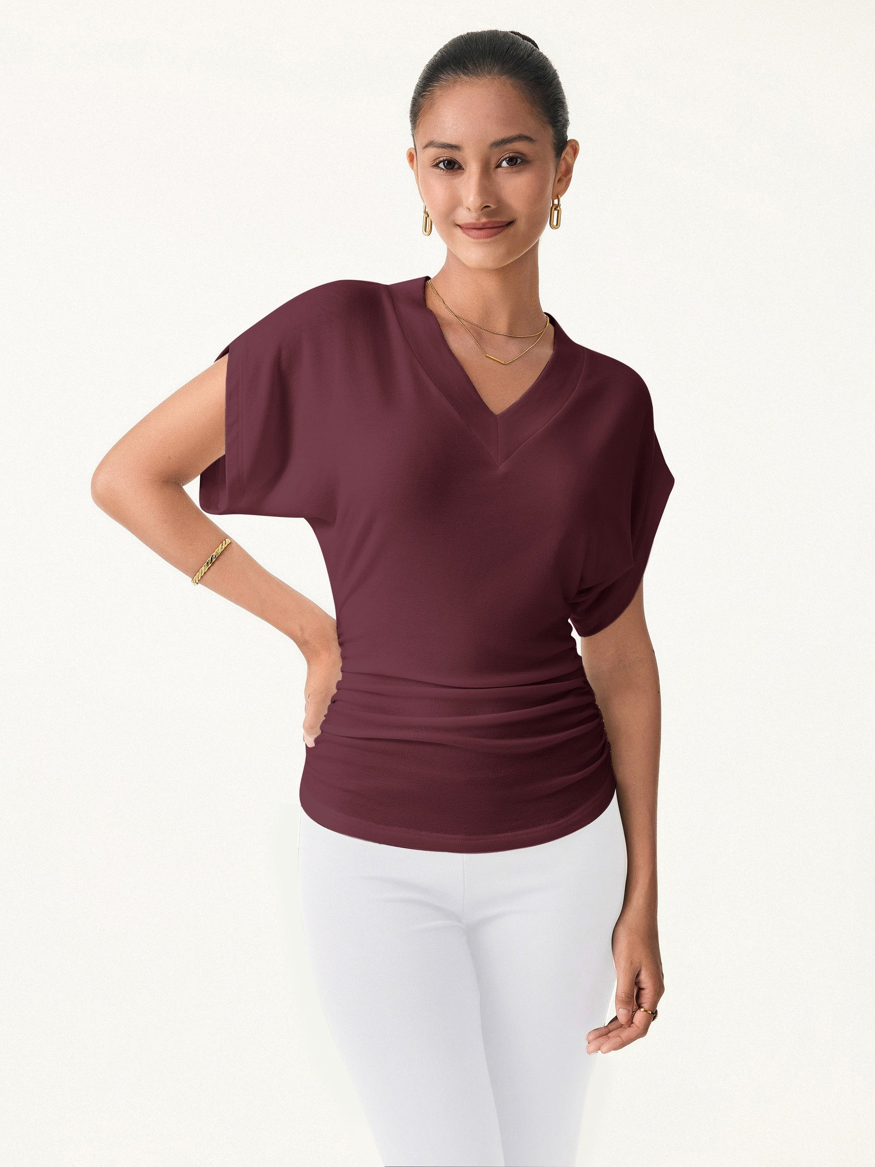 Semi-sheer Lyocell Cashmere Blend V-neck Short Sleeve Side Ruched Tee