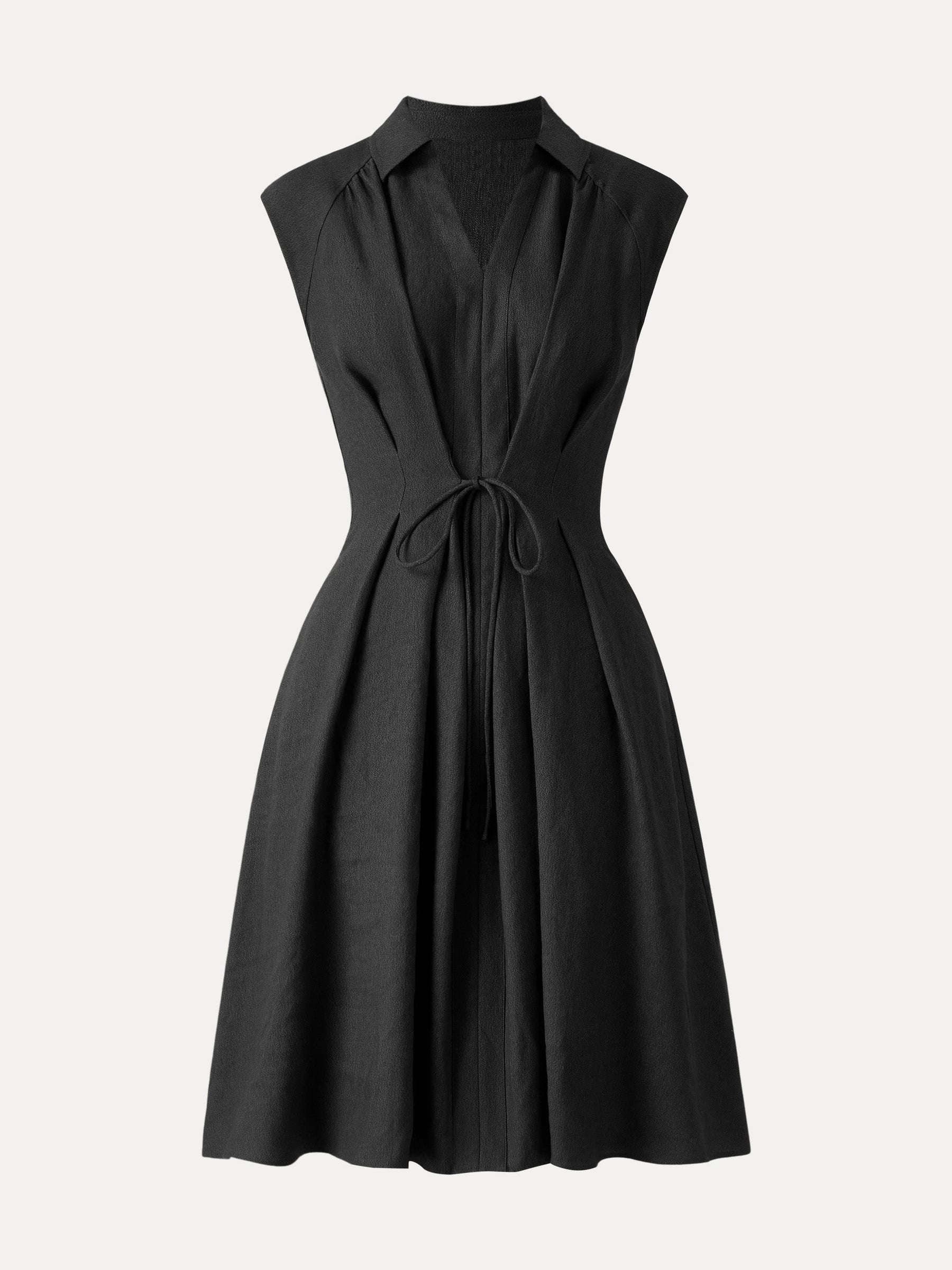 Viscose-Linen Collared V-neck Midi Dress with Drawstring