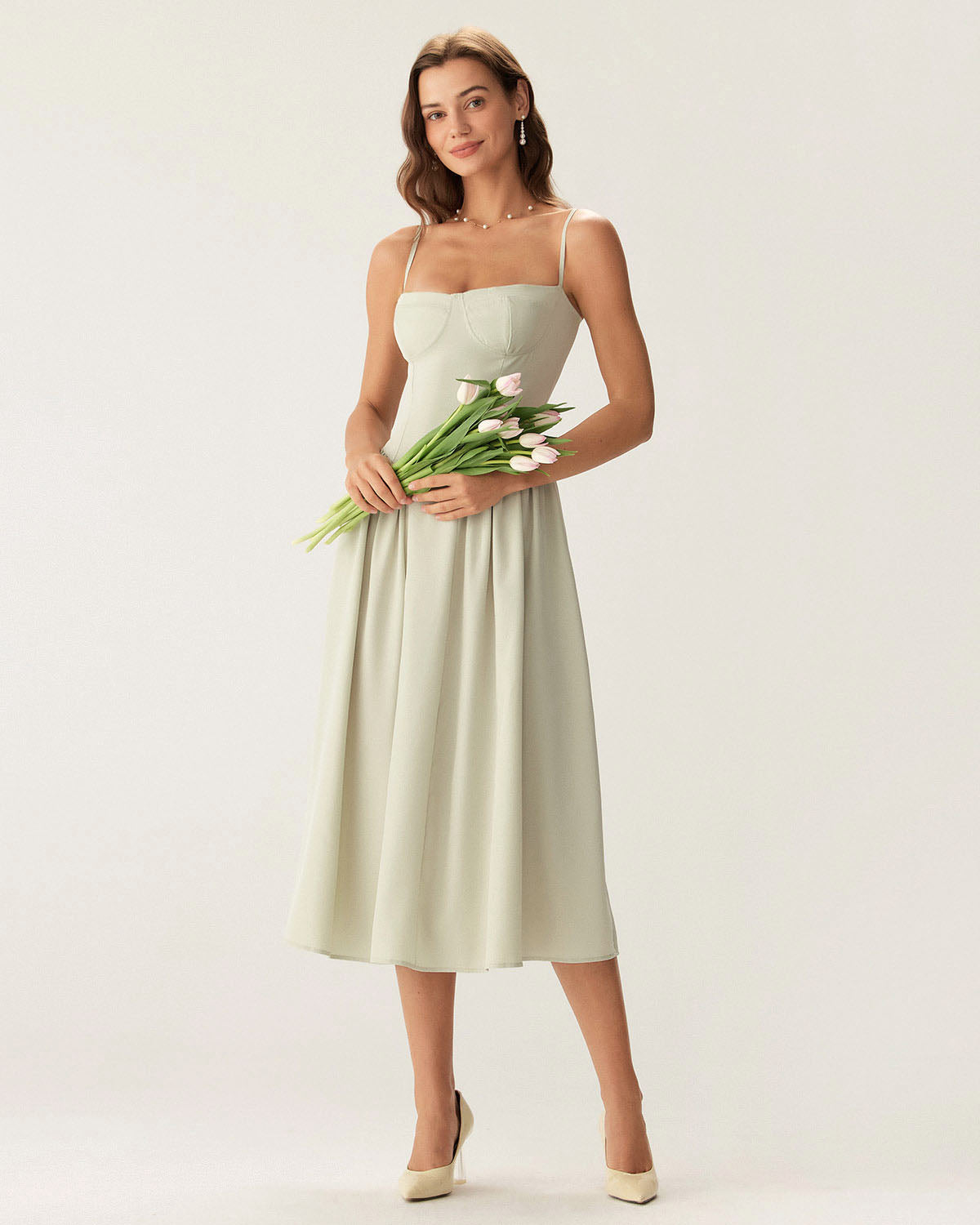 Green Square Neck Pocket Slip Midi Dress