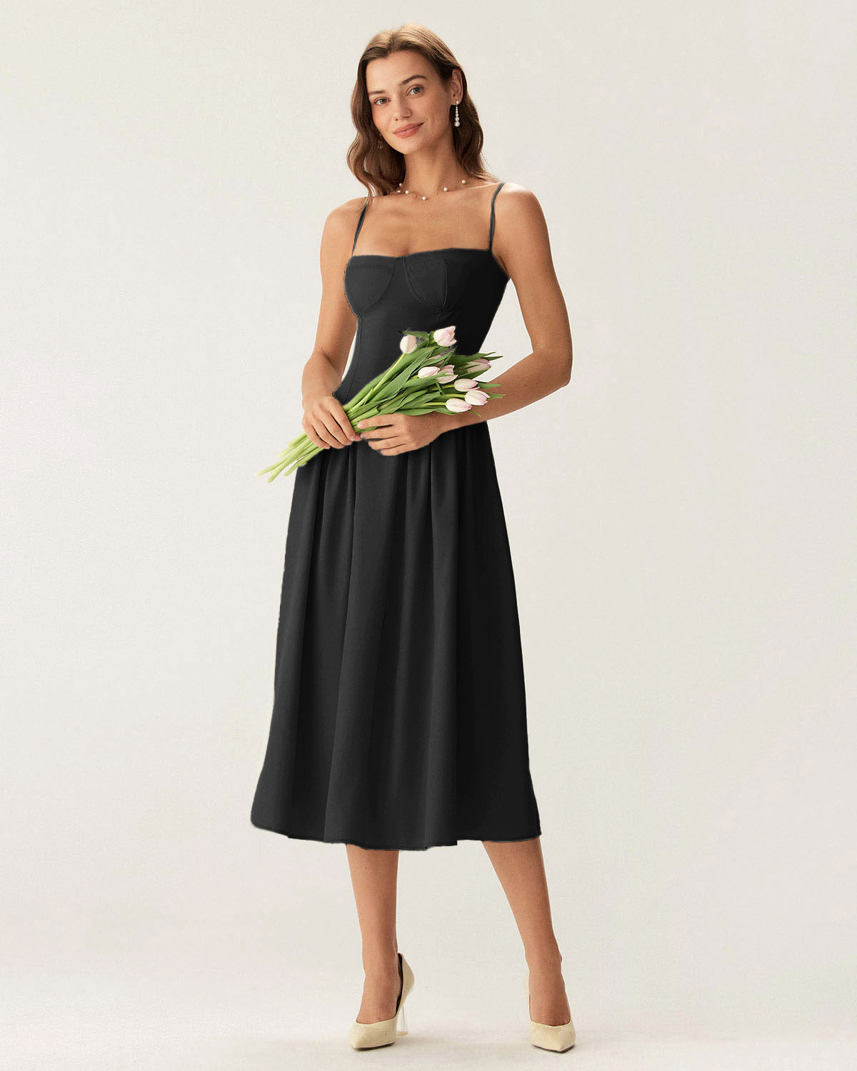 Black Square Neck Pocket Slip Midi Dress