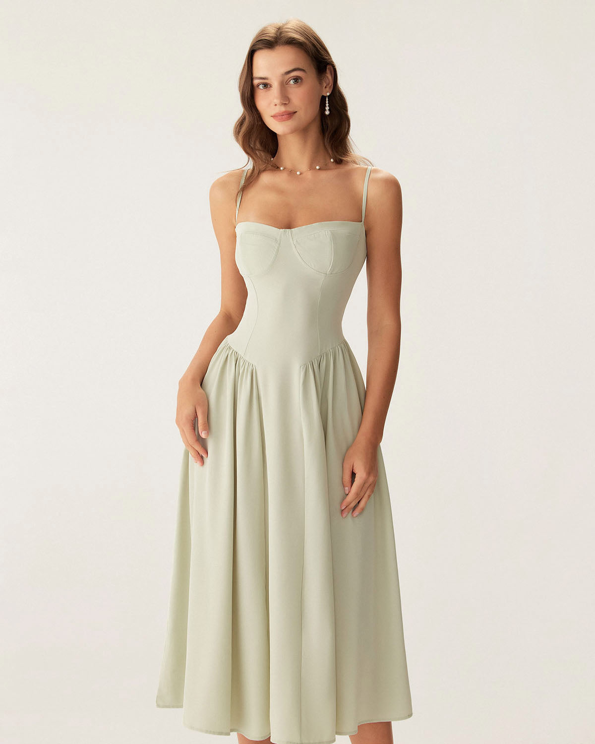 Green Square Neck Pocket Slip Midi Dress