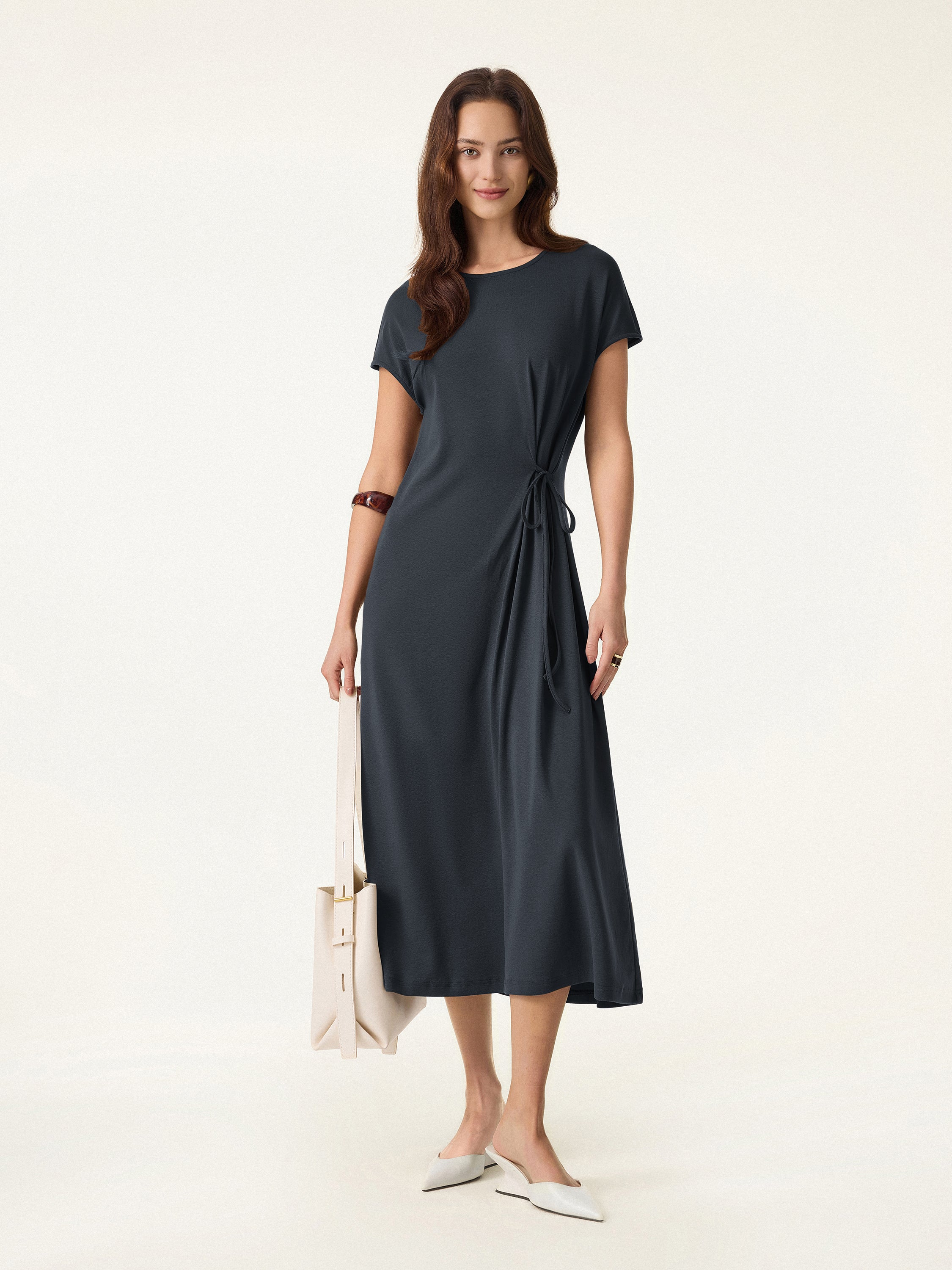Cotton Lyocell Easy Airy Midi Dress with Self-Tie
