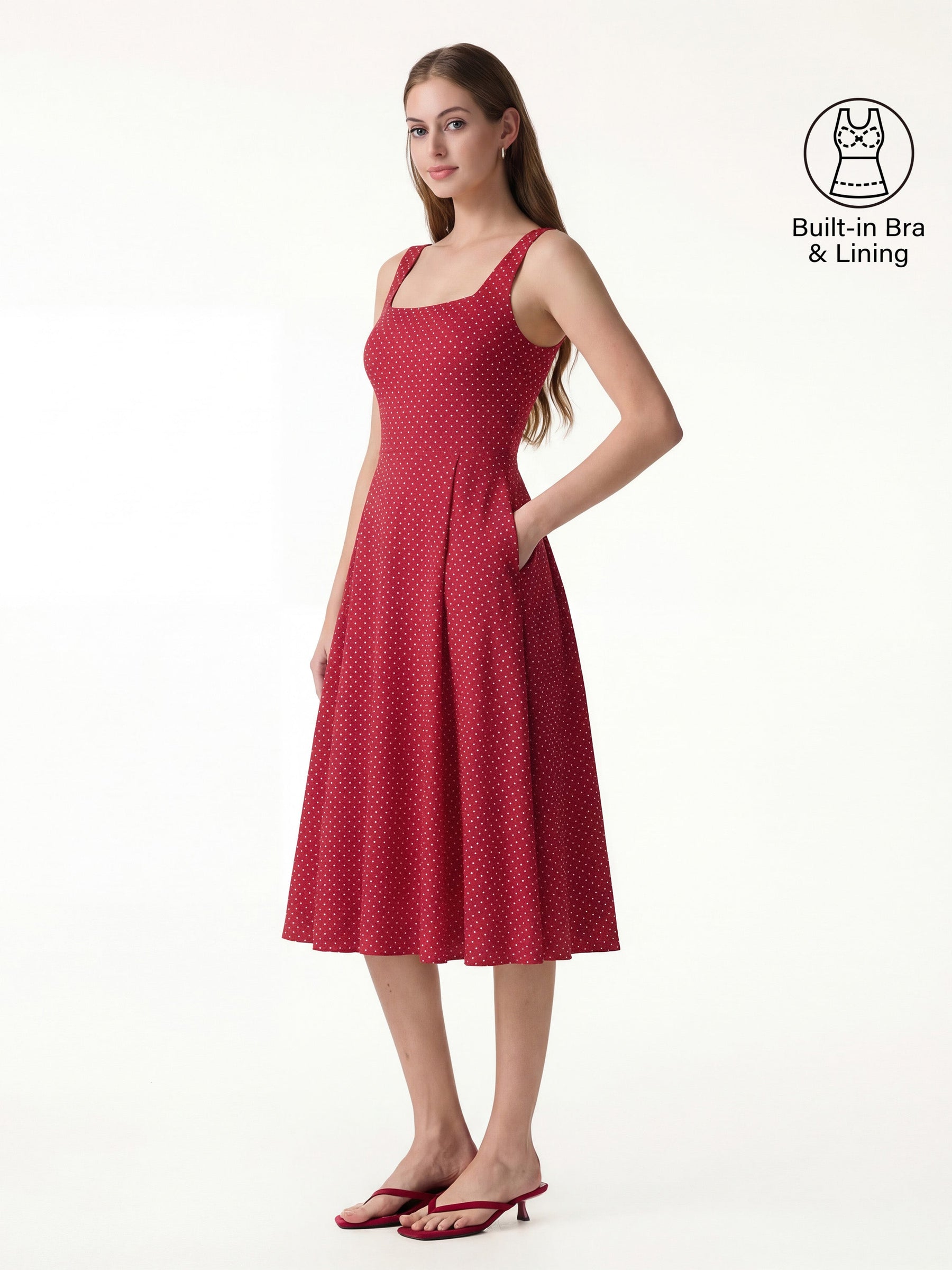 Stretch Cotton Polka Dot Square Neck Midi Bra Dress with Pockets Limited Edition