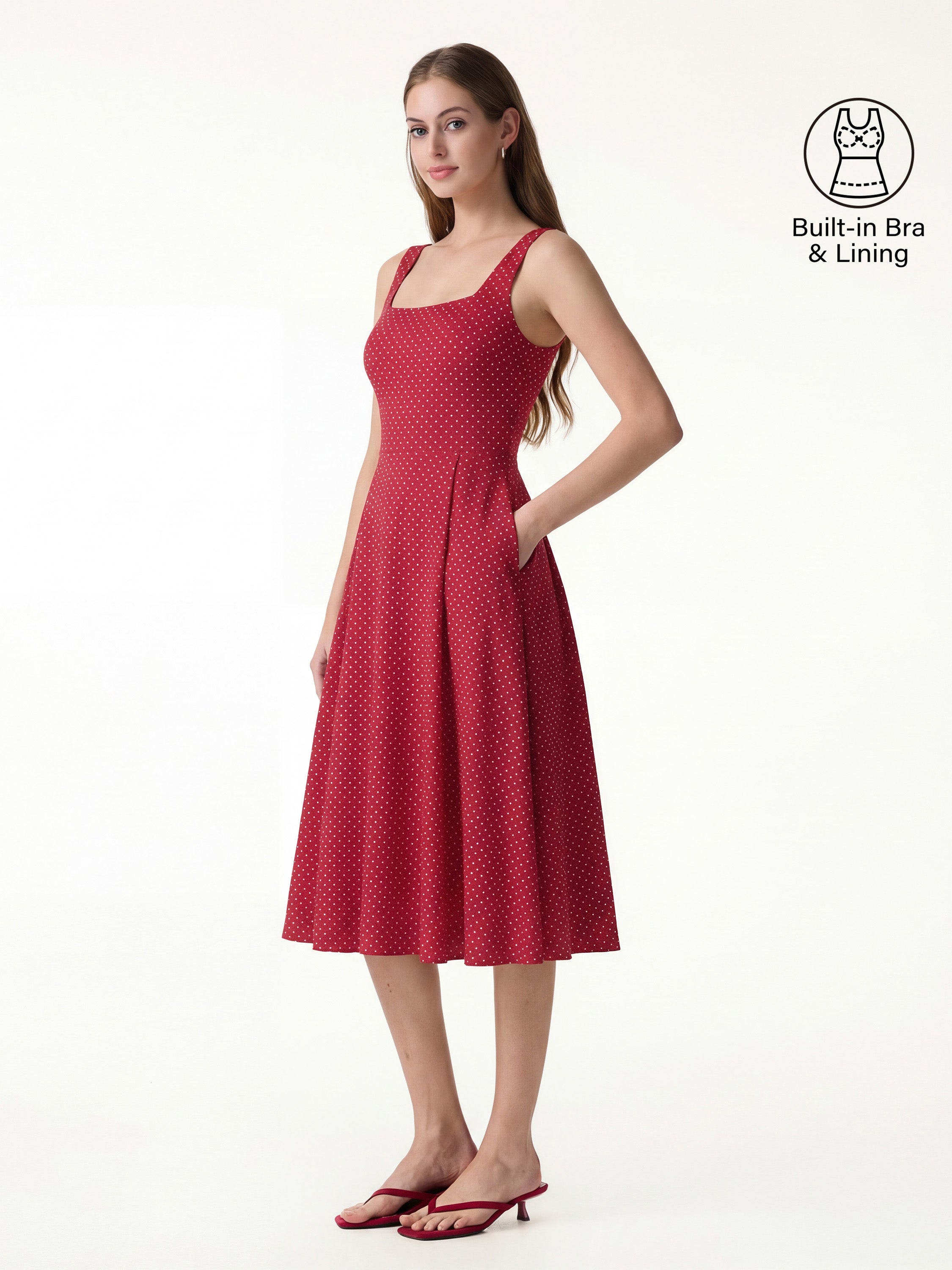 Stretch Cotton Polka Dot Square Neck Midi Bra Dress with Pockets Limited Edition