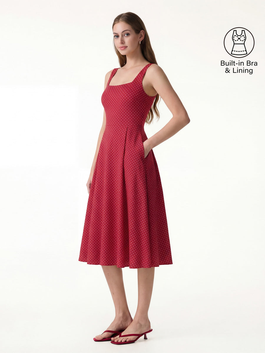 Stretch Cotton Polka Dot Square Neck Midi Bra Dress with Pockets Limited Edition