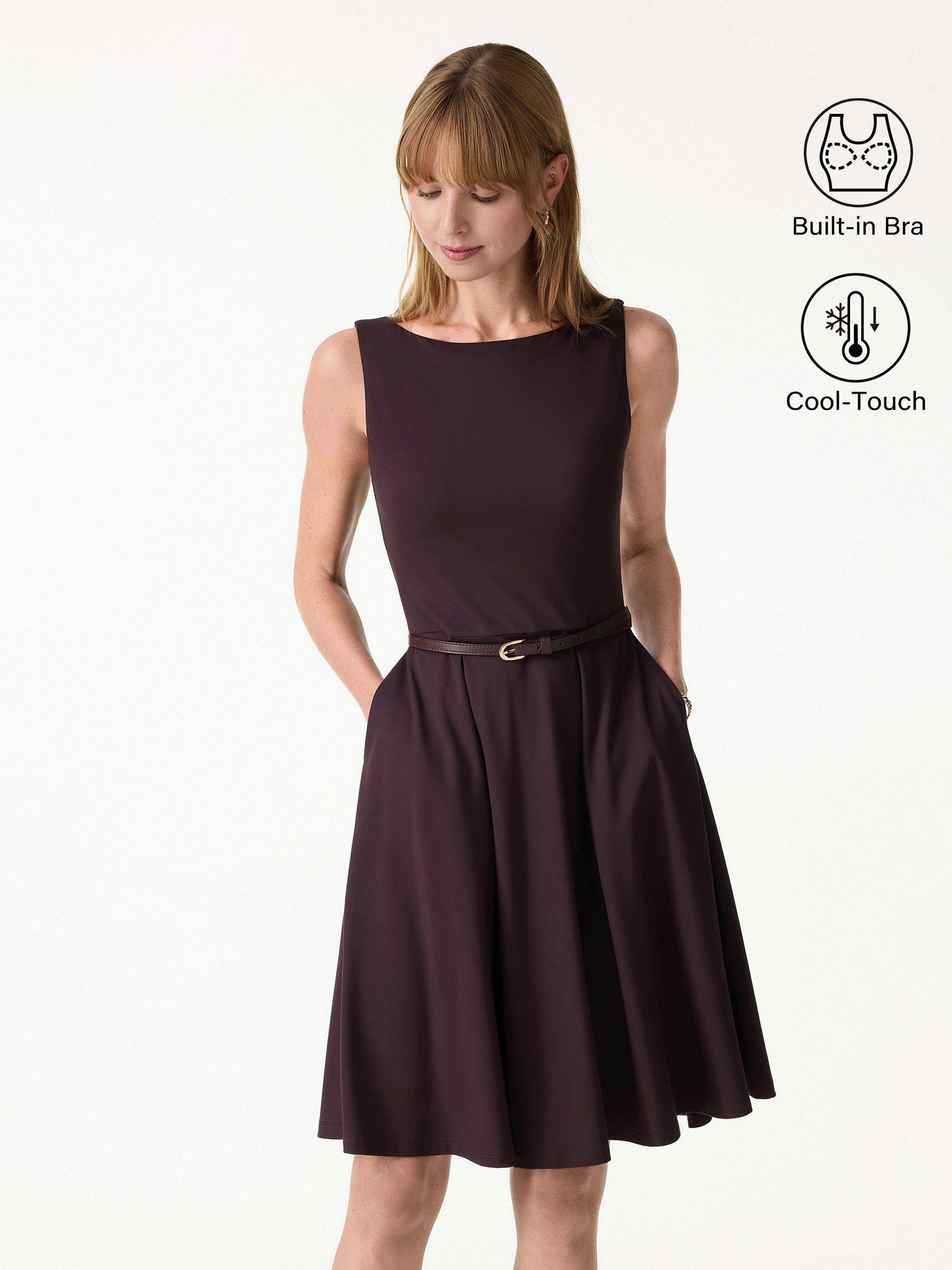Stretchy Boatneck Fit-and-Flare Mini Bra Dress with Pockets