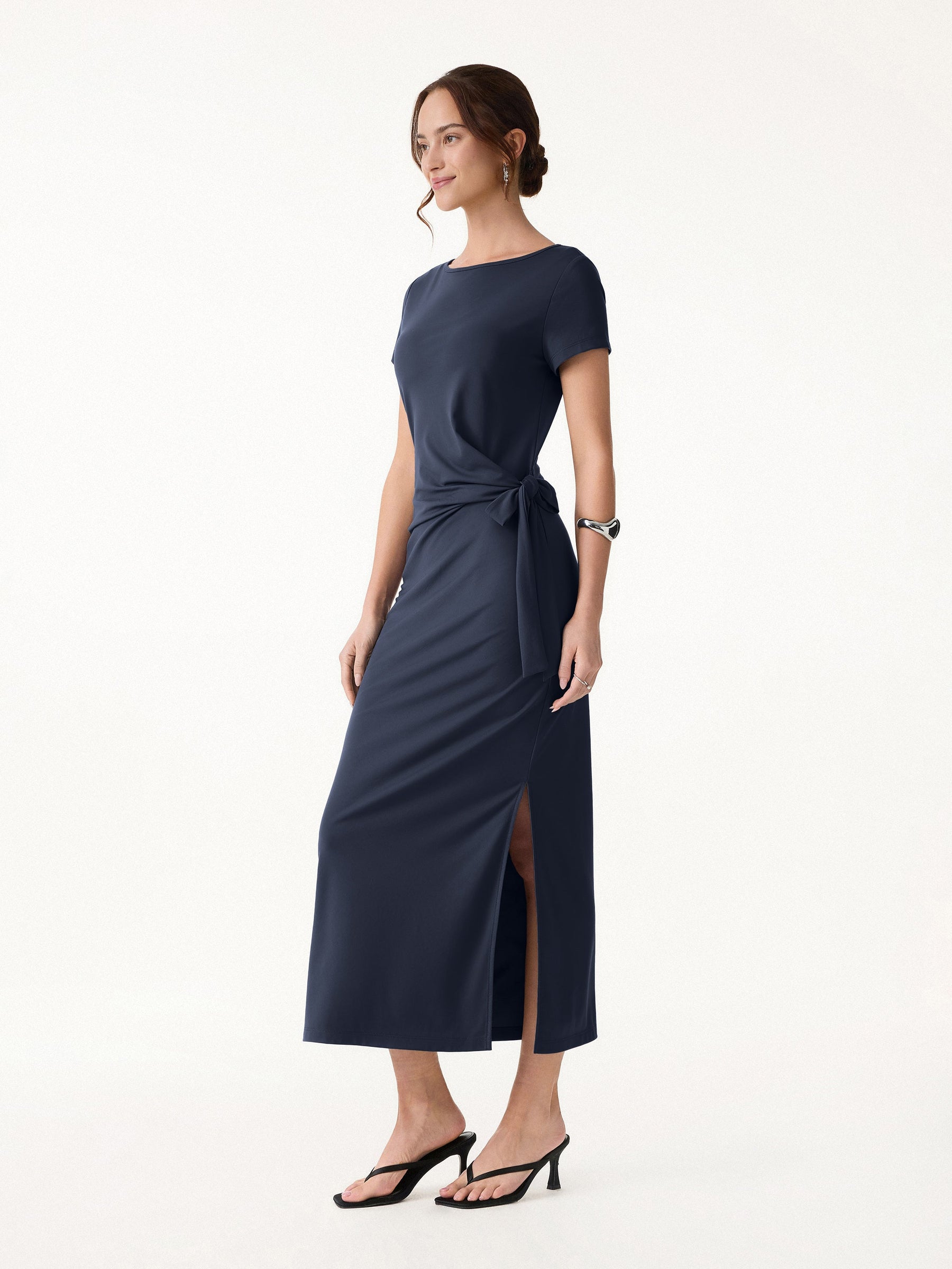 Cooling Wrinkle-Resistant Side Waist Tie Midi Dress with Slit