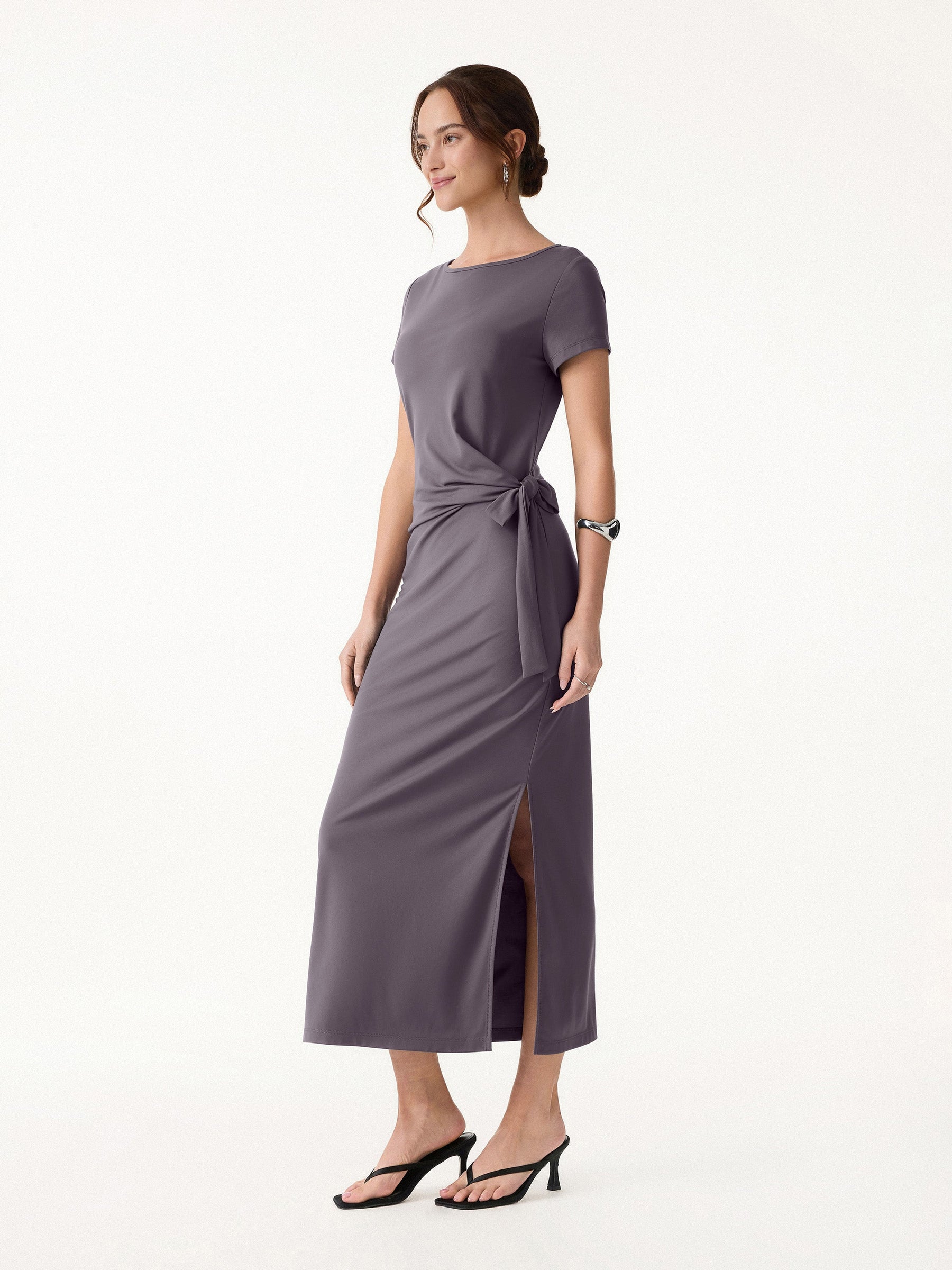 Cooling Wrinkle-Resistant Side Waist Tie Midi Dress with Slit