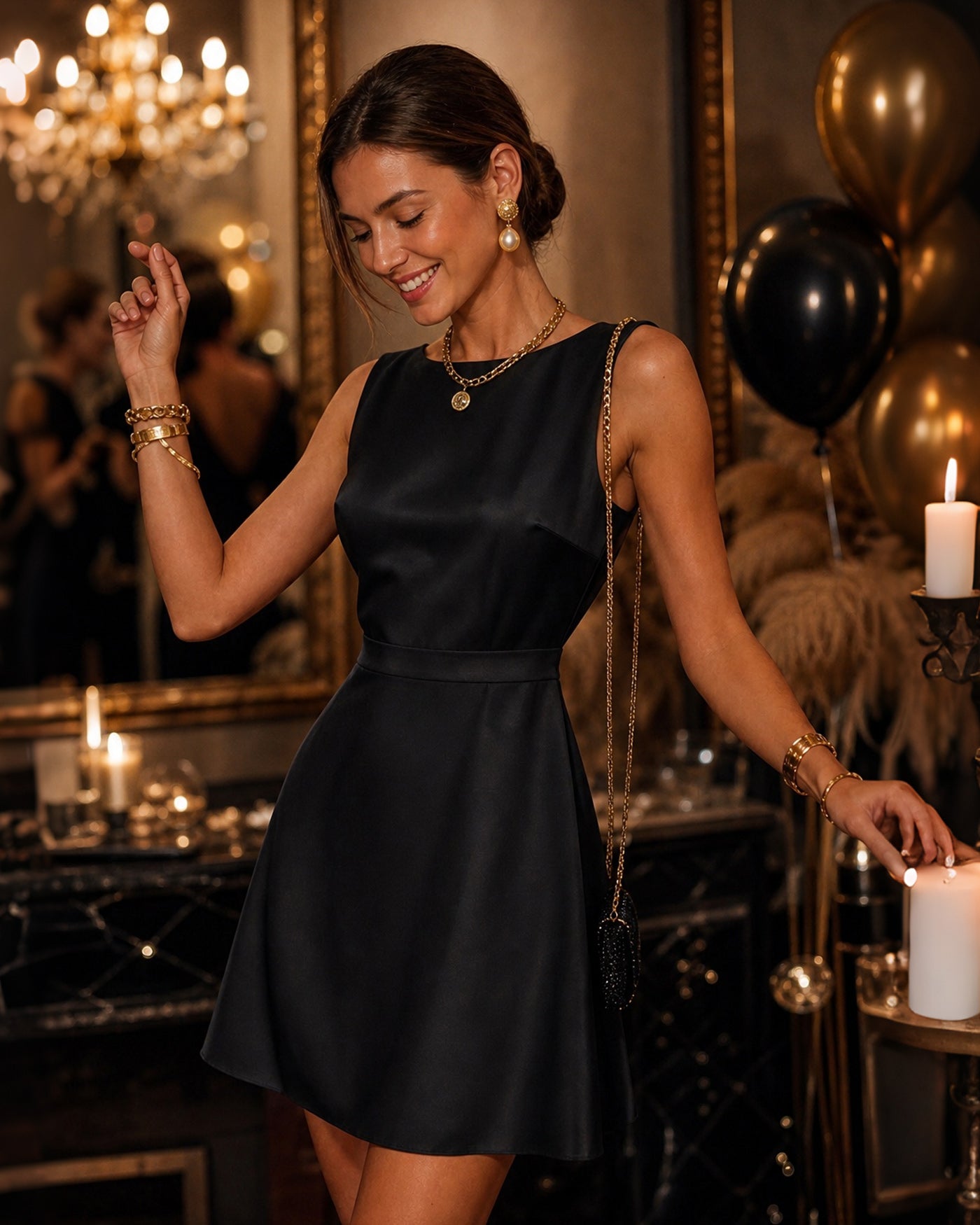 Black Boat Neck Pearl A-Line Mini Dress