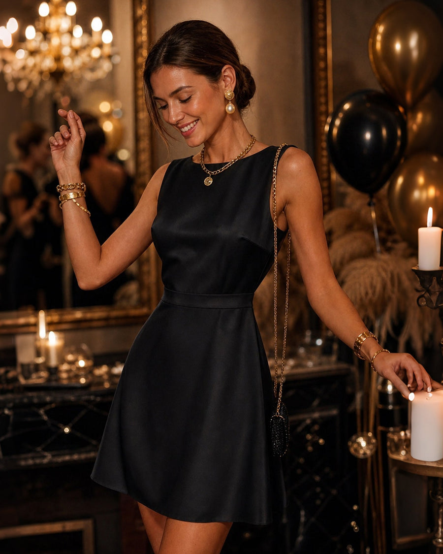 Black Boat Neck Pearl A-Line Mini Dress