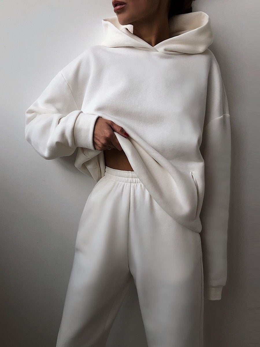 Women's Corduroy Hooded Sweater Set - Casual Two-Piece Tracksuit