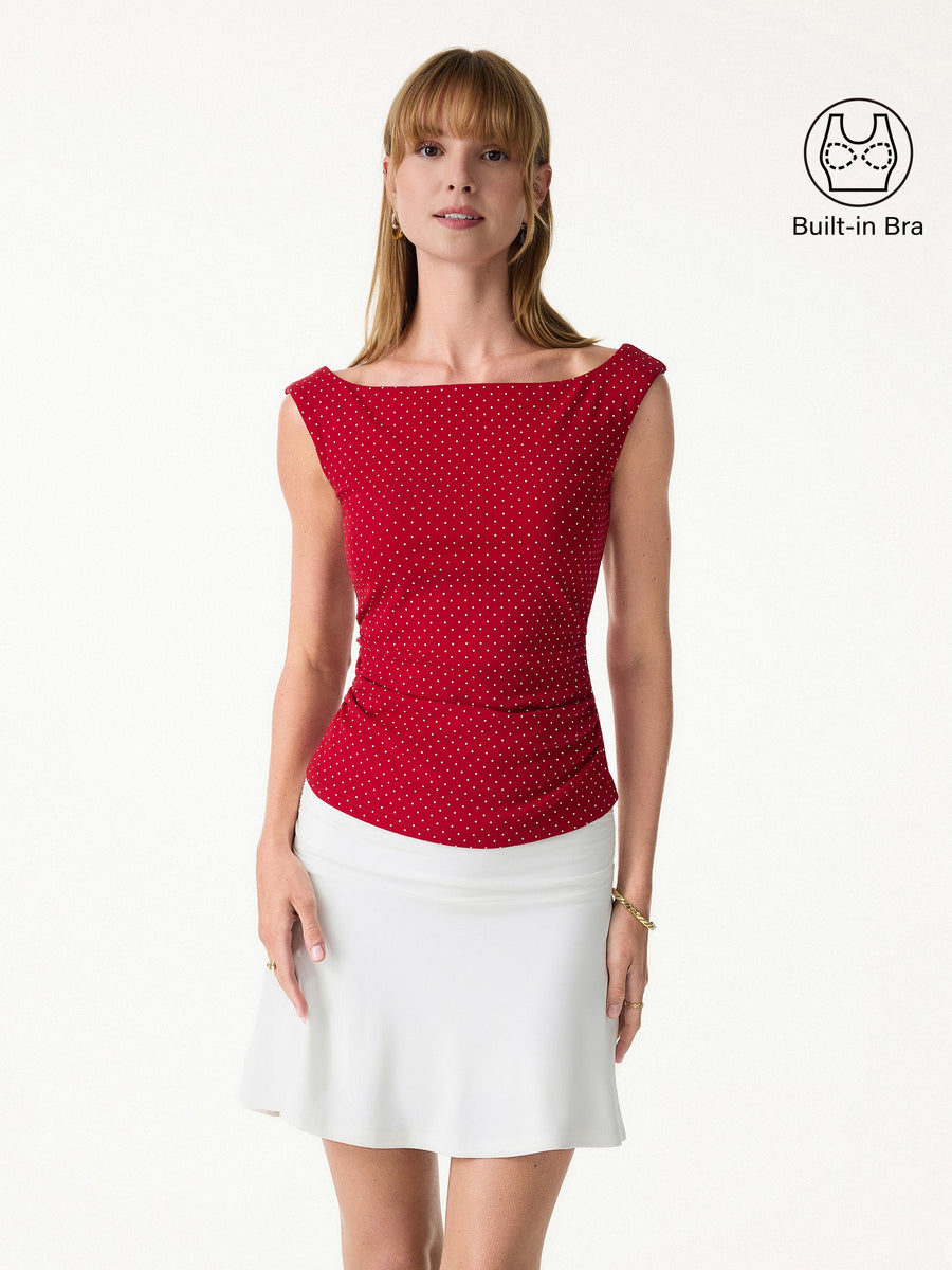 Stretch Cotton Polka Dot Boatneck Ruched Bra Top Limited Edition