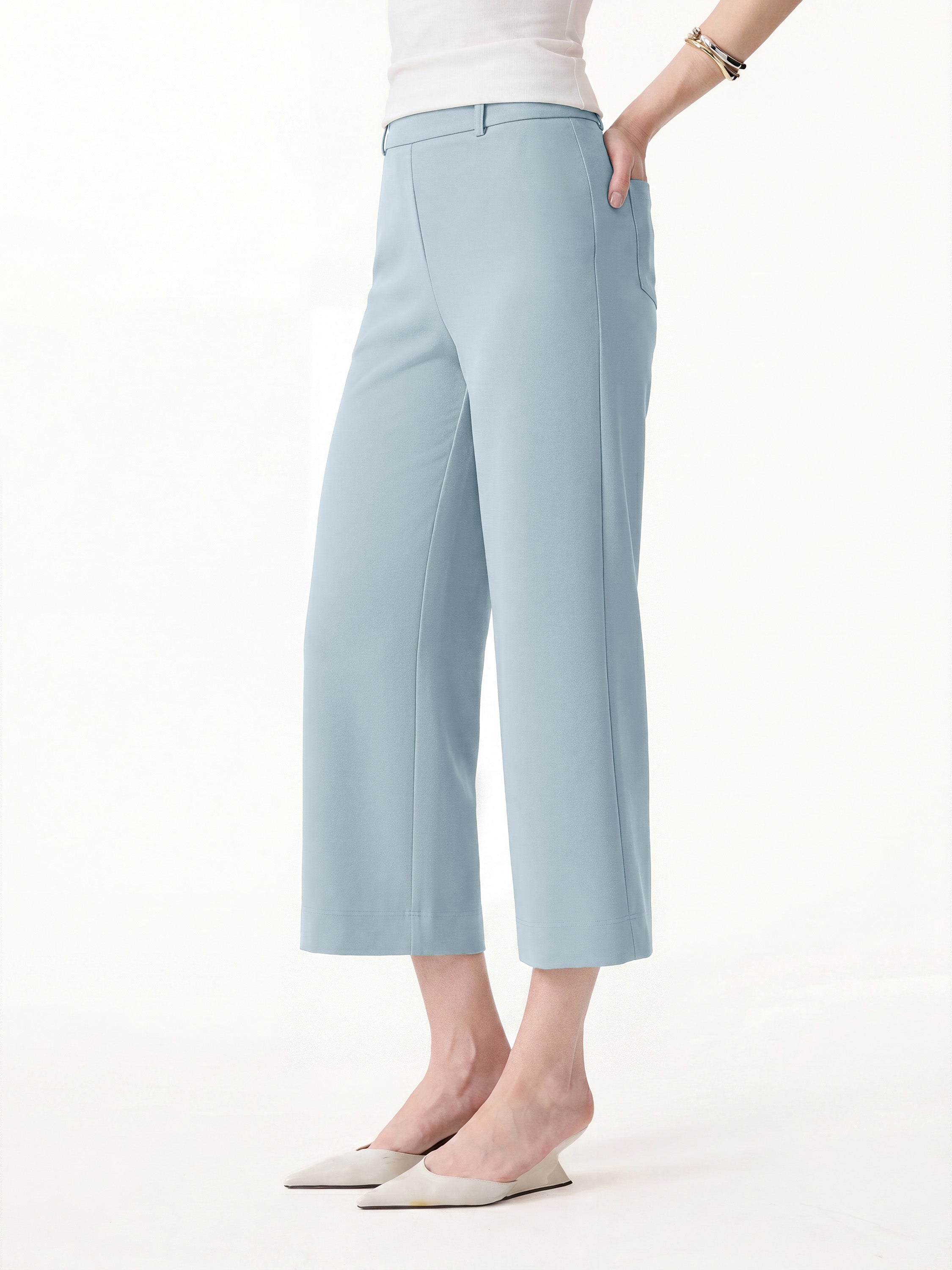 Not-See-Thru Mid Rise Cropped Wide Leg Pants with Pockets