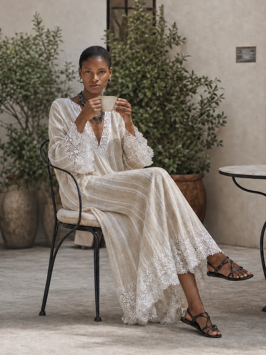 Women's Minimalist Beige Vertical-Stripe Maxi Dress With White Lace Trim And Flared Long Sleeves MDZ1745F9ZRK