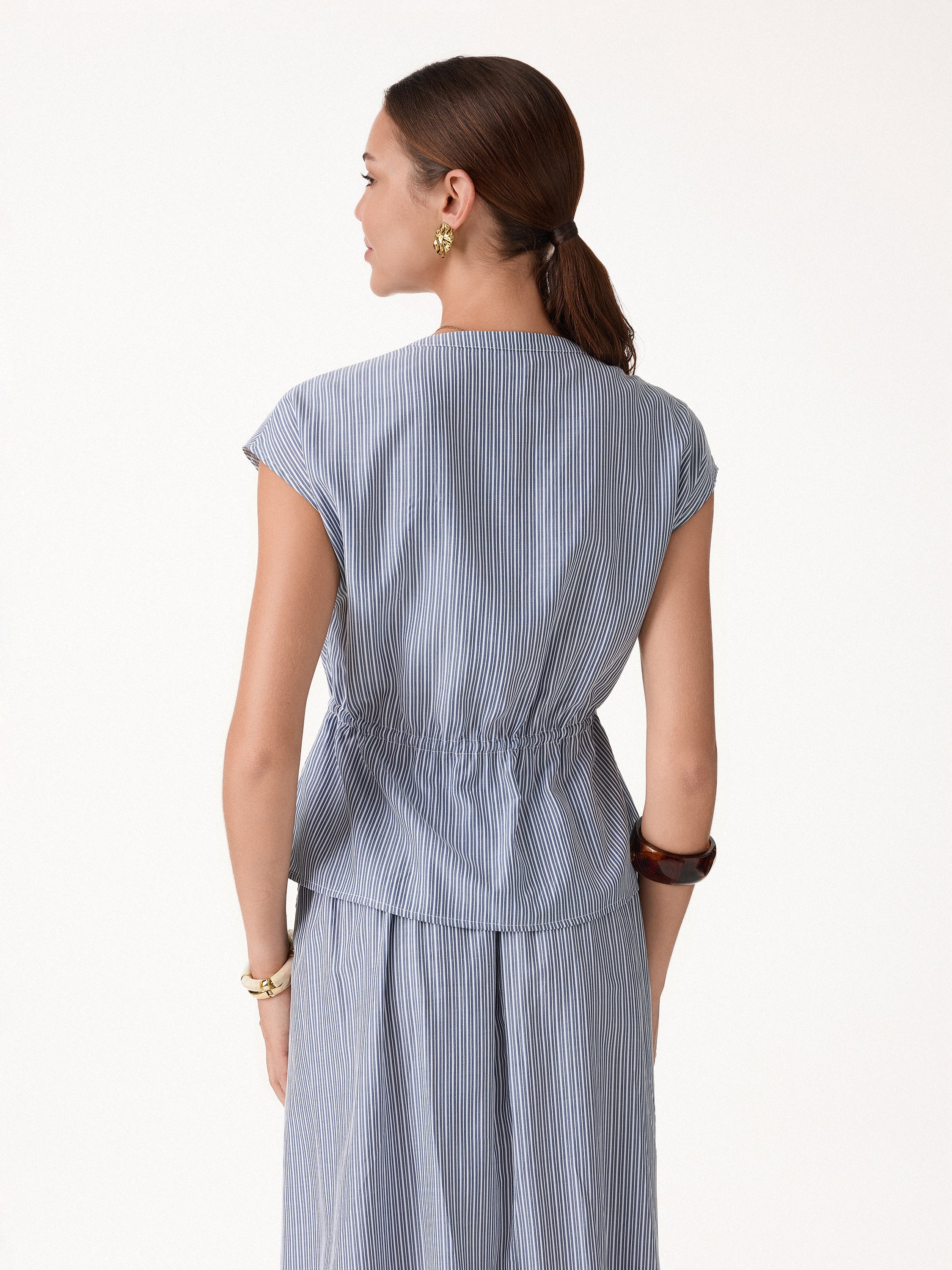Notched V-Neck Drawstring Waist Poplin Shirt