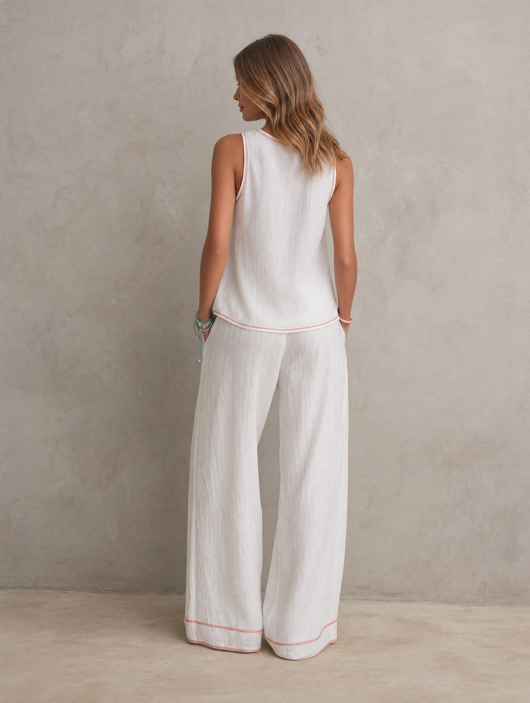 Women's Casual White And Pink Cotton-linen Sleeveless Round-neck Top Paired With Trousers MDZ2519F6LXY