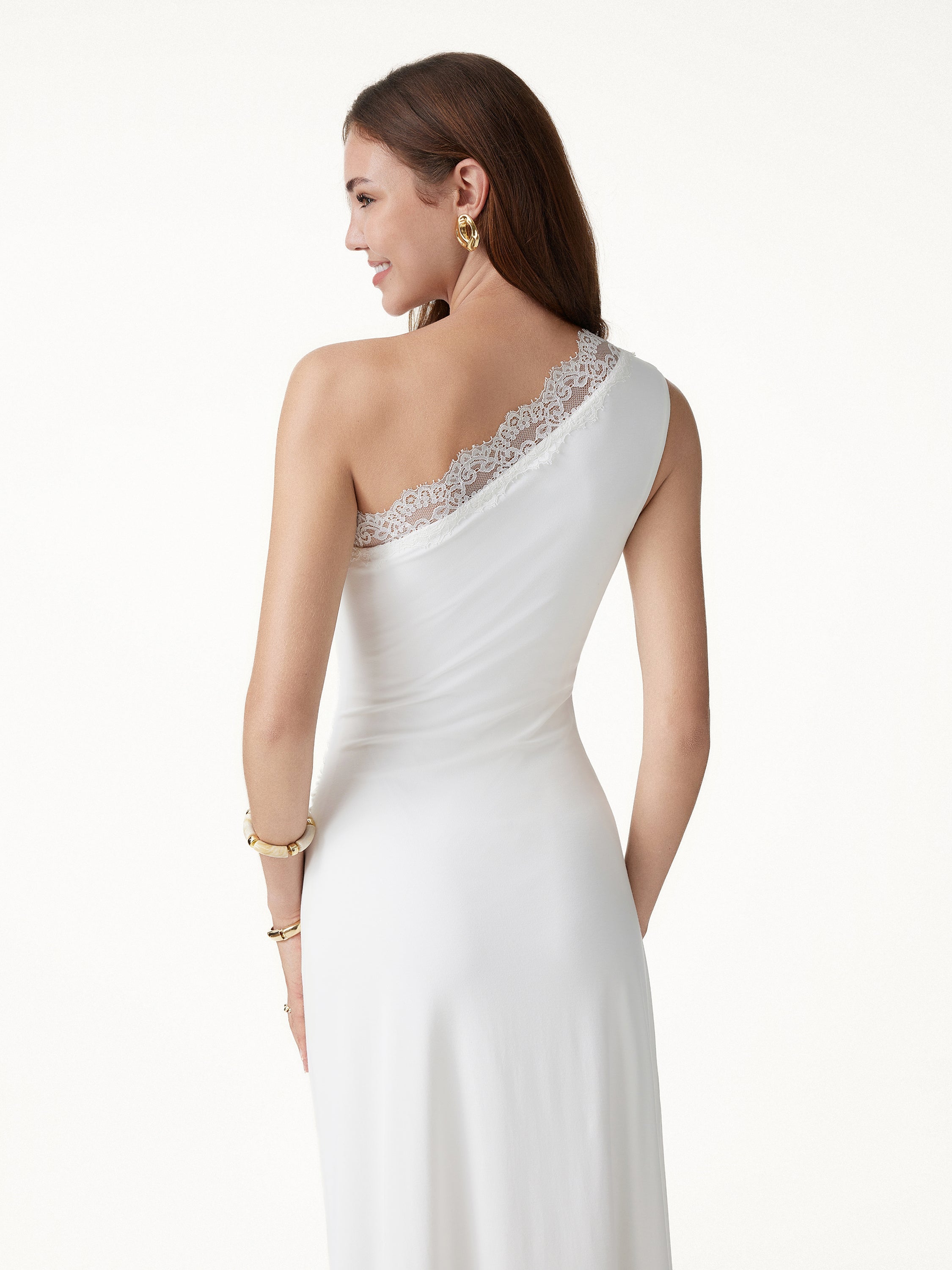 Lace Trim One Shoulder Ruched Bra Dress