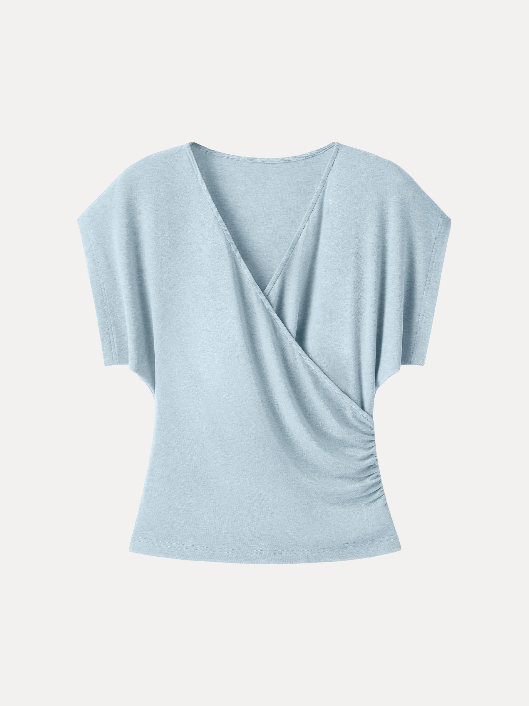 Summer Lyocell Wool Suprlice Ruched Short Sleeve Top