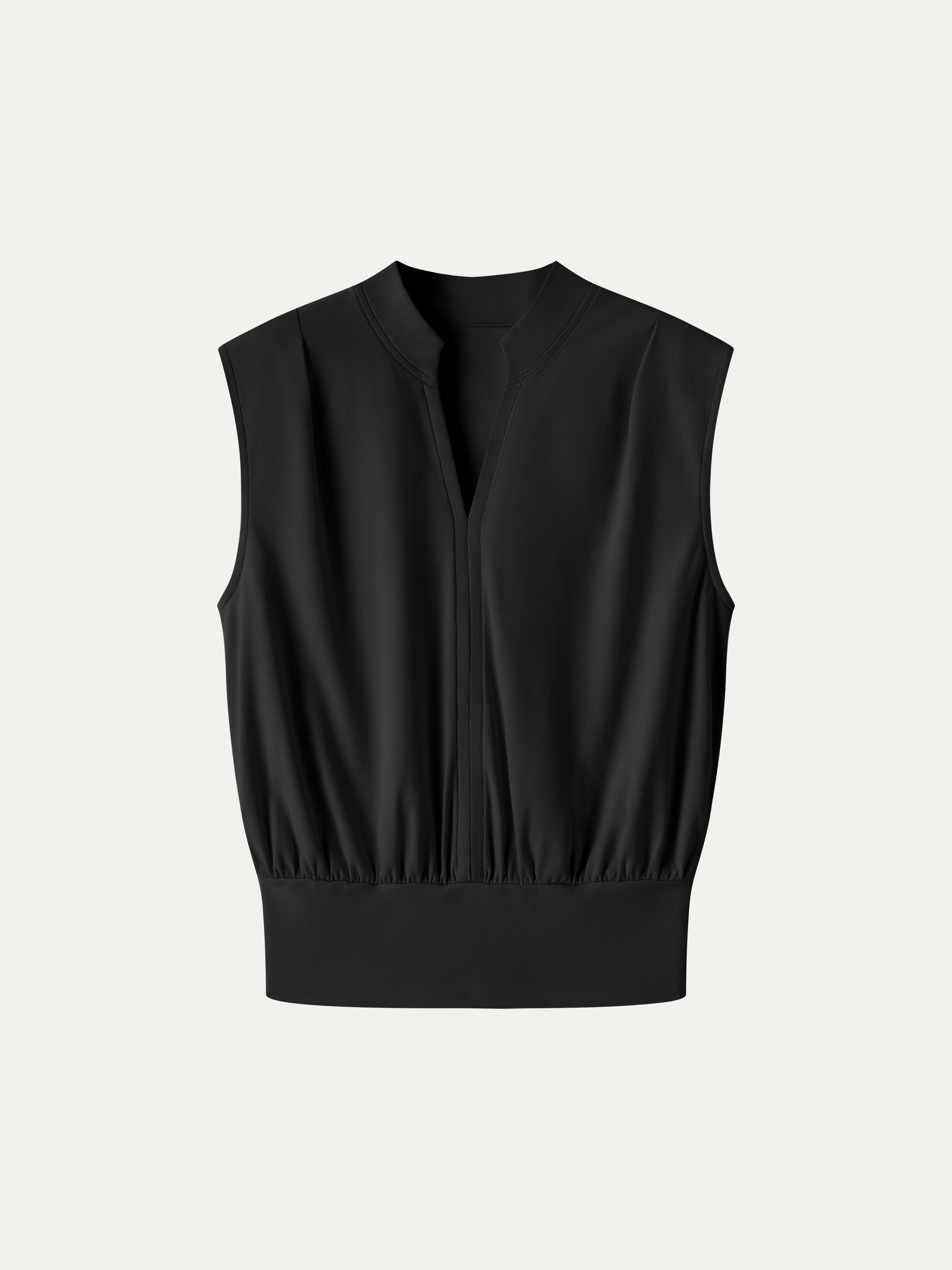 Cotton-Viscose V-neck Stand Collar Sleeveless Top