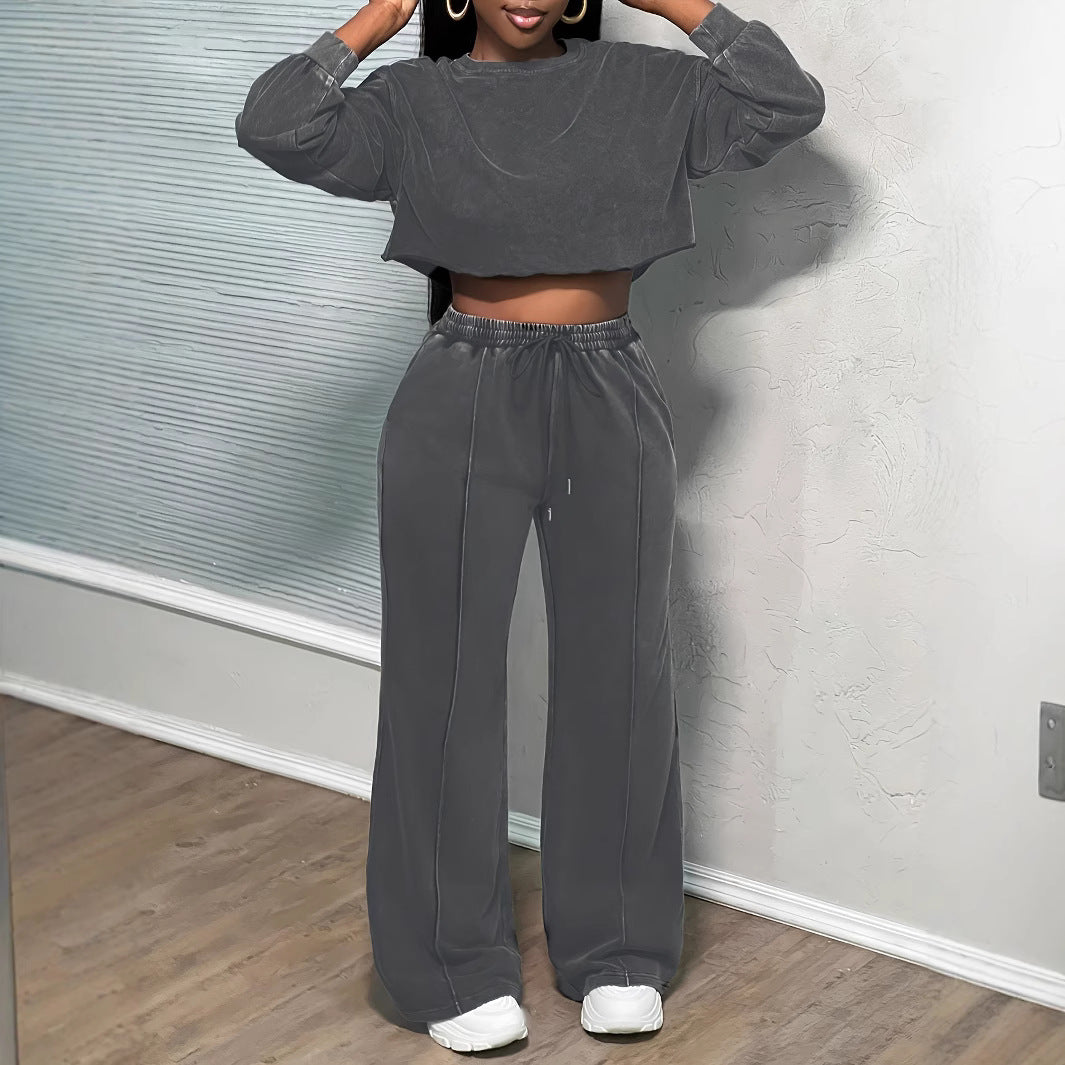 Women's Wide-Leg Trousers & Long-Sleeve Top Set - Casual Two-Piece Outfit