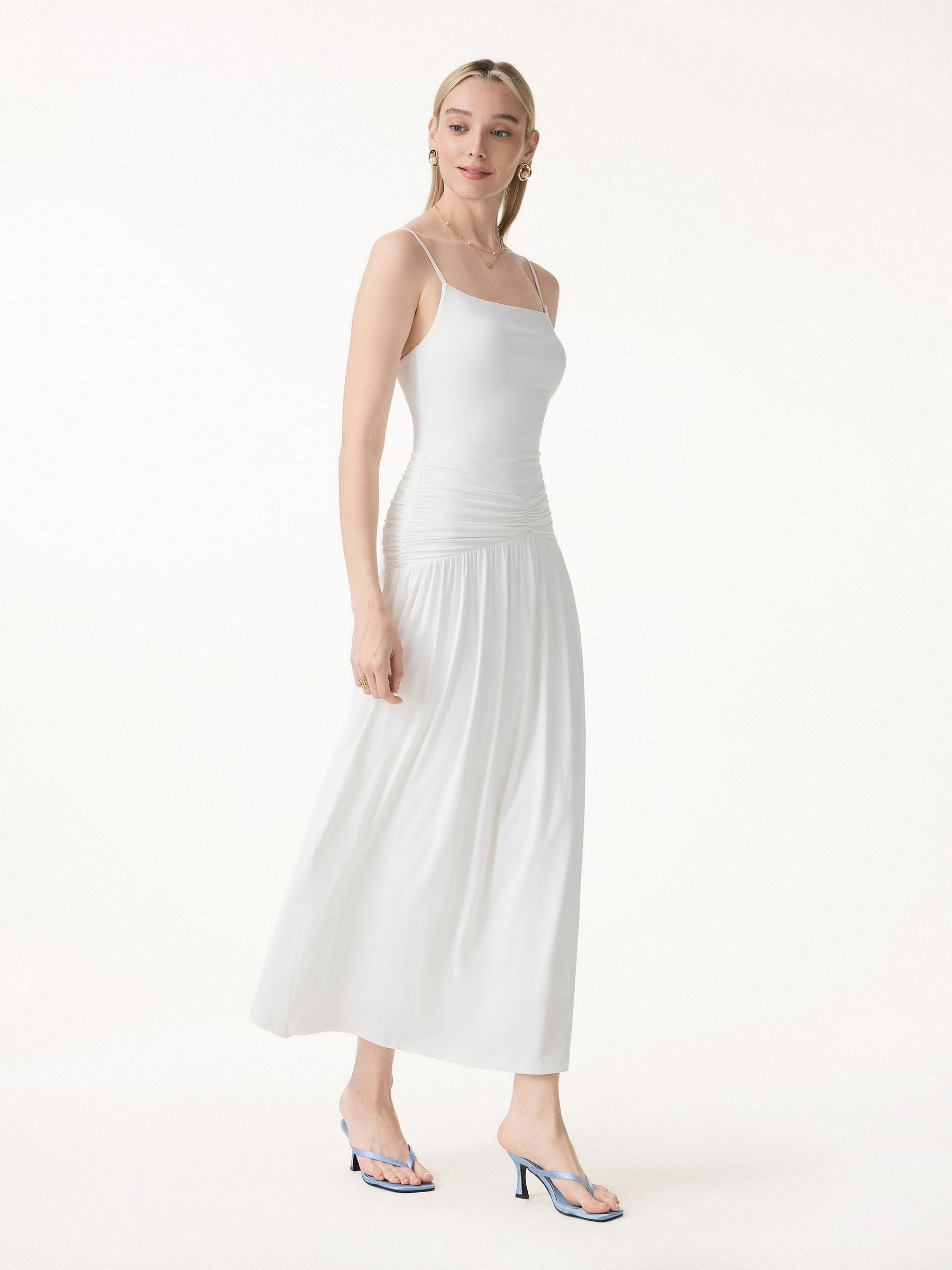 Not-See-Thru Spaghetti Gathered Maxi Bra Dress