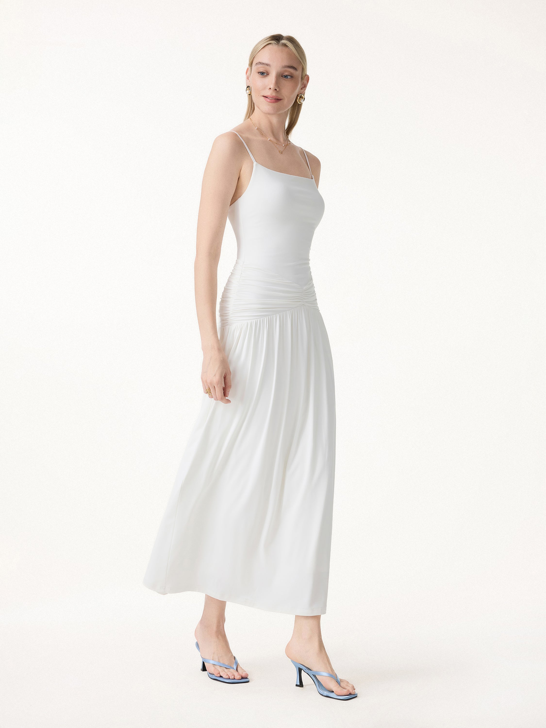 Not-See-Thru Spaghetti Gathered Maxi Bra Dress
