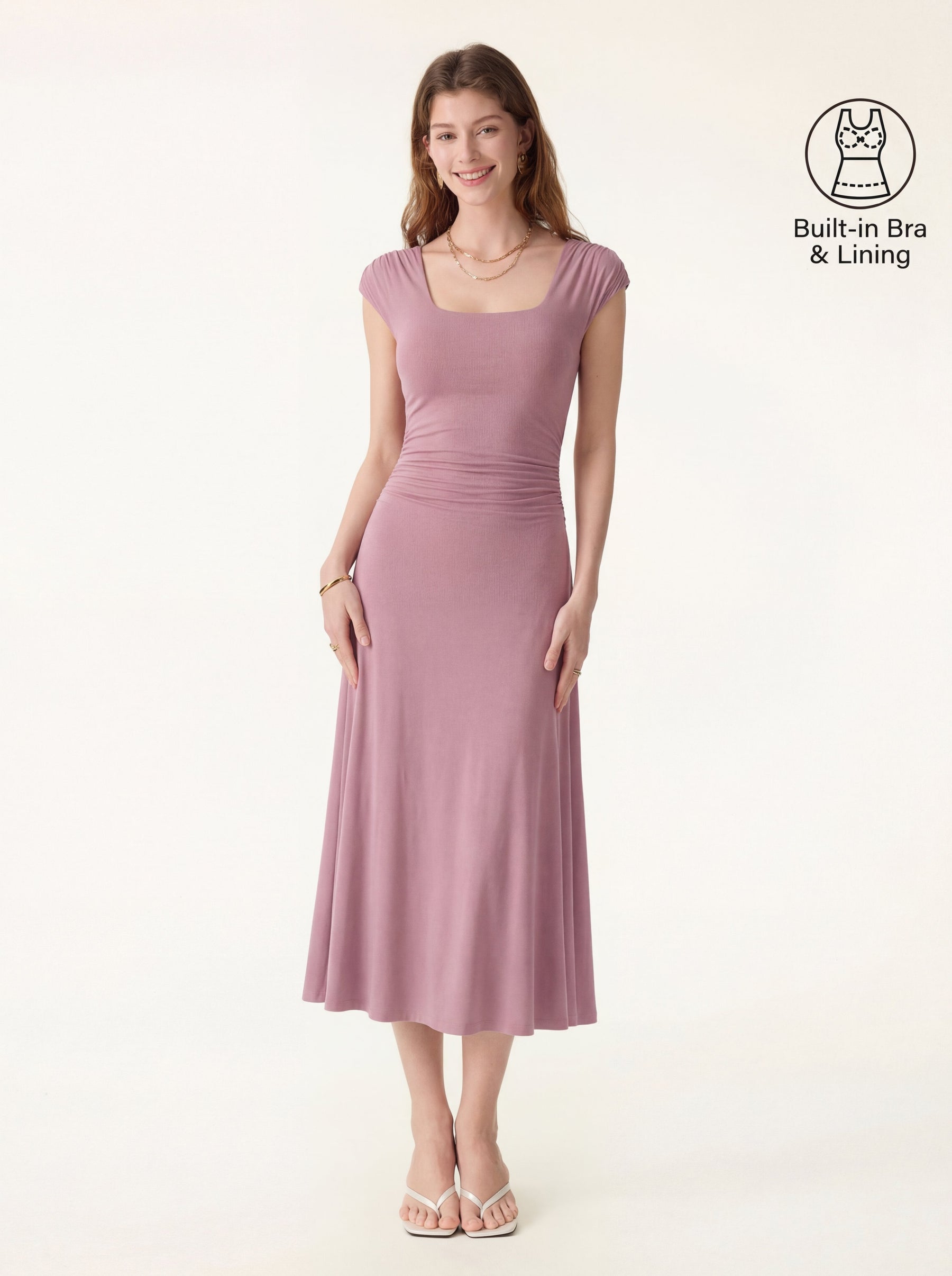 SkinKiss Cooling Square Neck Ruched Midi Bra Dress