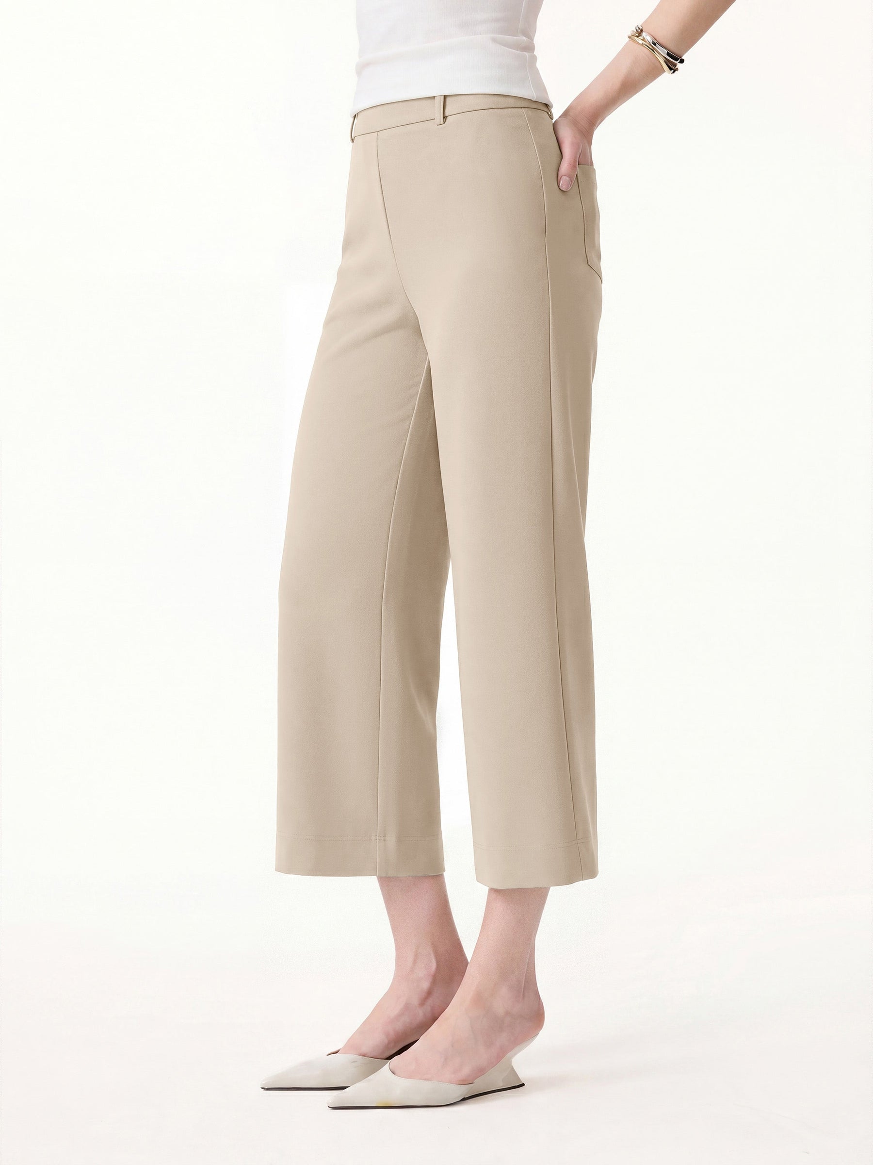 Not-See-Thru Mid Rise Cropped Wide Leg Pants with Pockets
