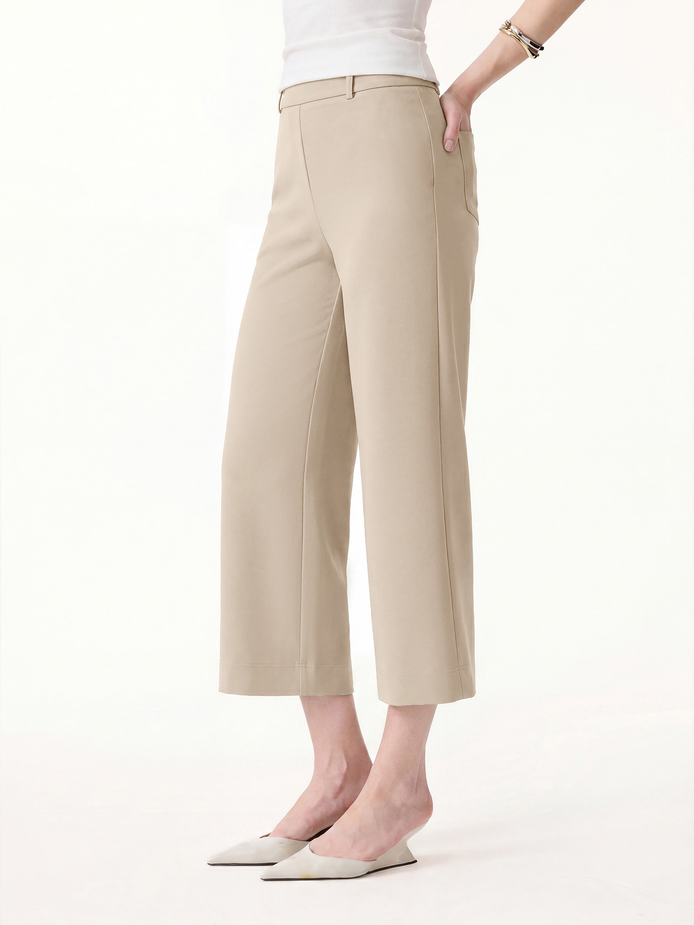 Not-See-Thru Mid Rise Cropped Wide Leg Pants with Pockets