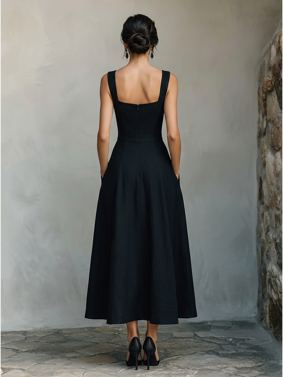 Women's Black Cotton-Blend Maxi Dress With Wide Square Neck Thick Straps & Side Patch Pockets, Minimalist Elegant Formal Swing Dress MDZ2269F2LYL