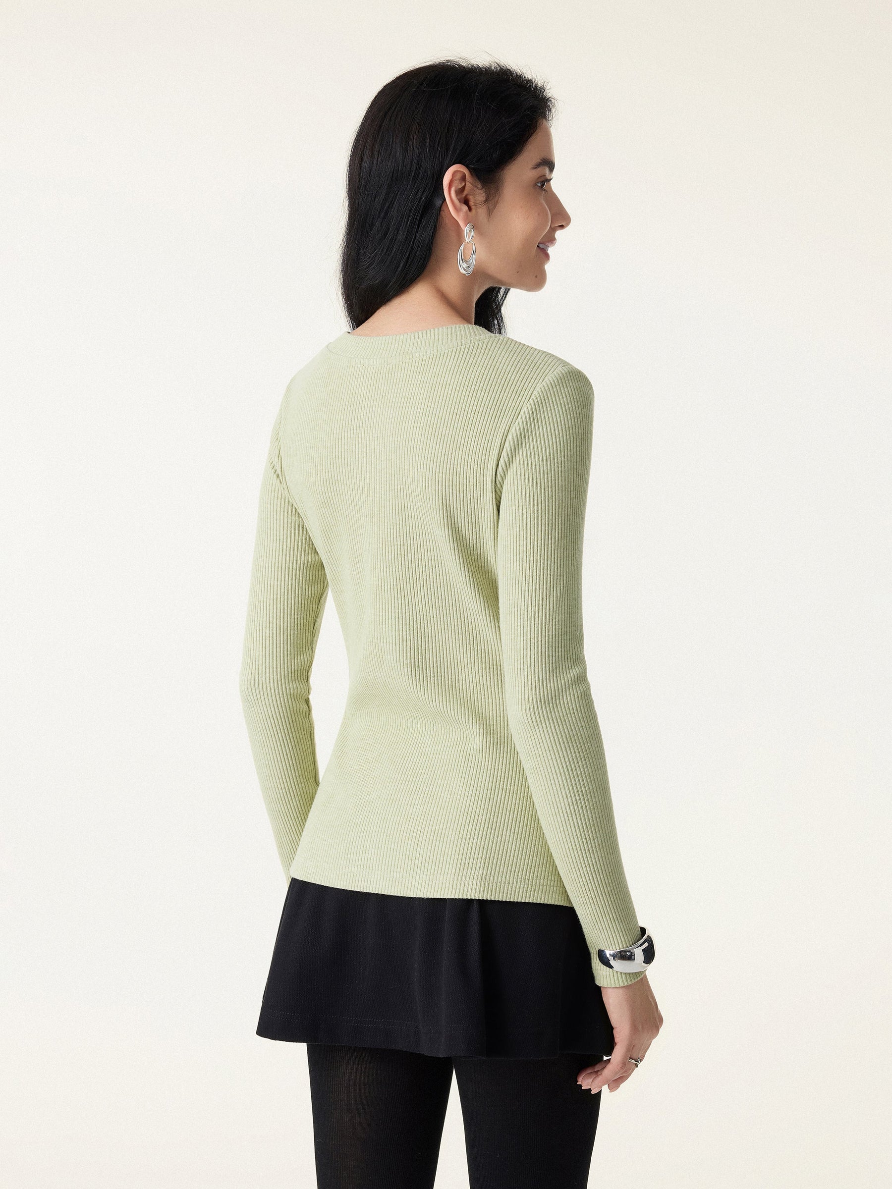 Ribbed Frog Button Round Neck Long Sleeve Top Limited Edition