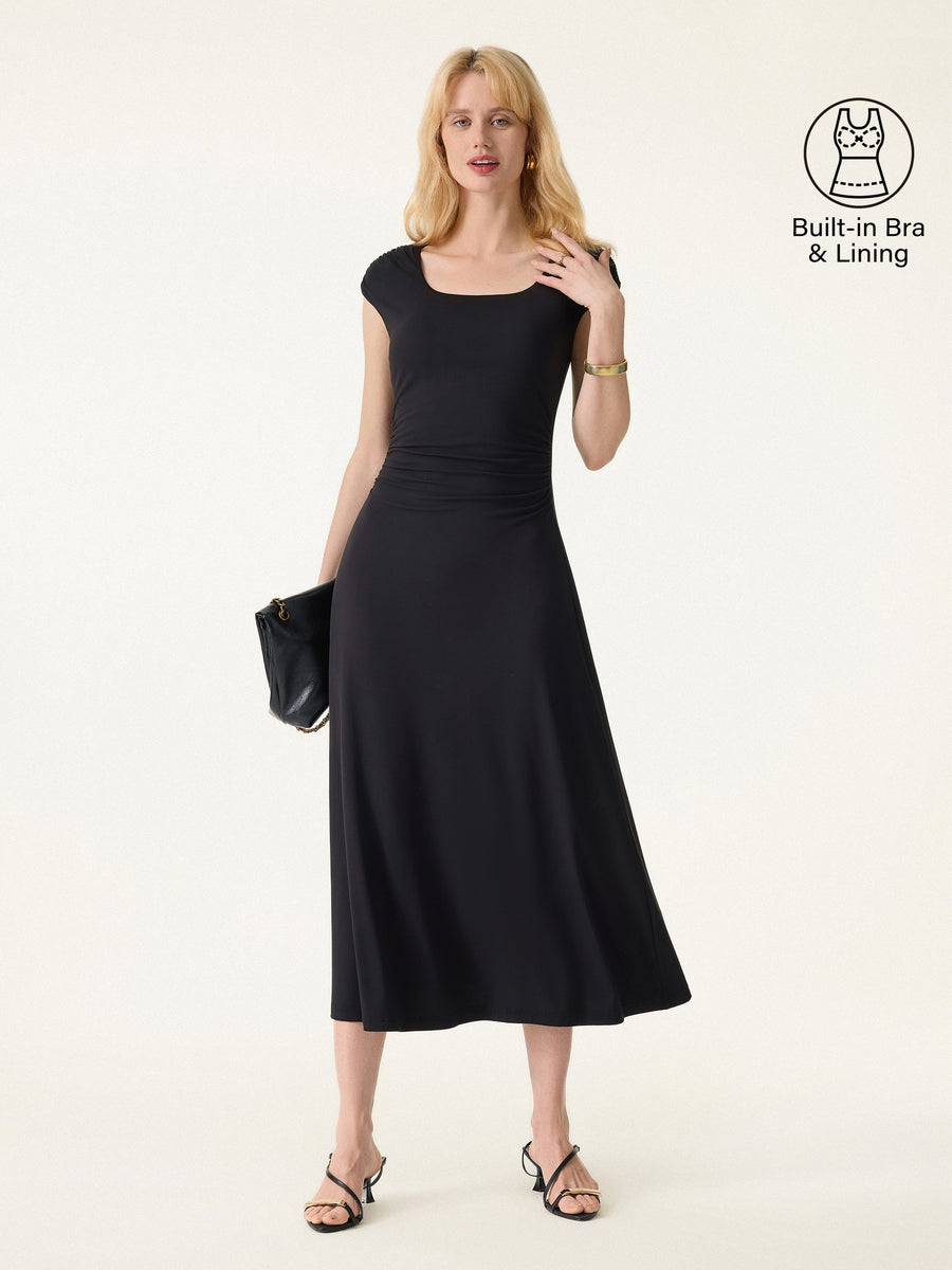 SkinKiss Cooling Square Neck Ruched Midi Bra Dress