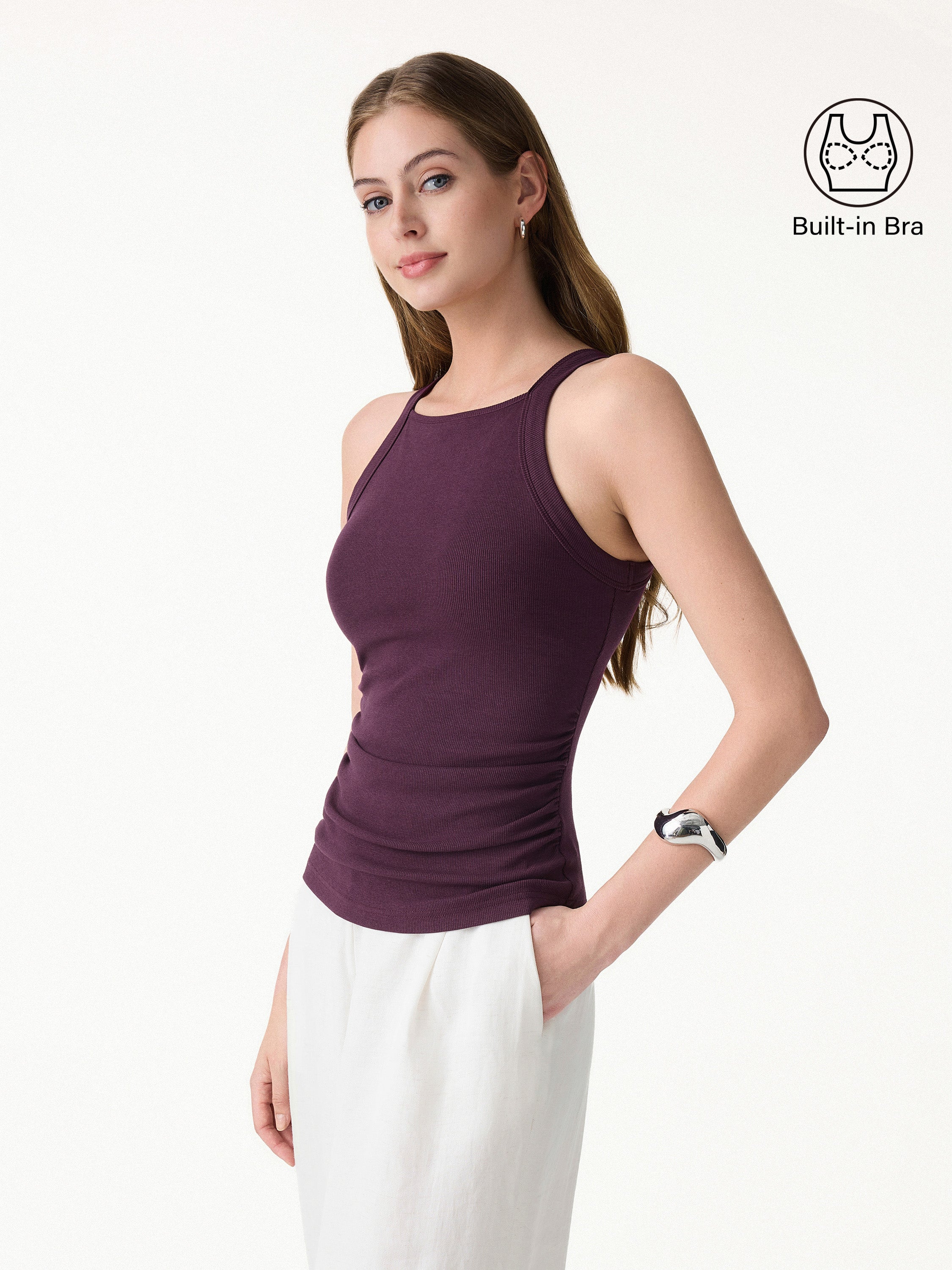 Square Neck Ruched Rib Bra Tank