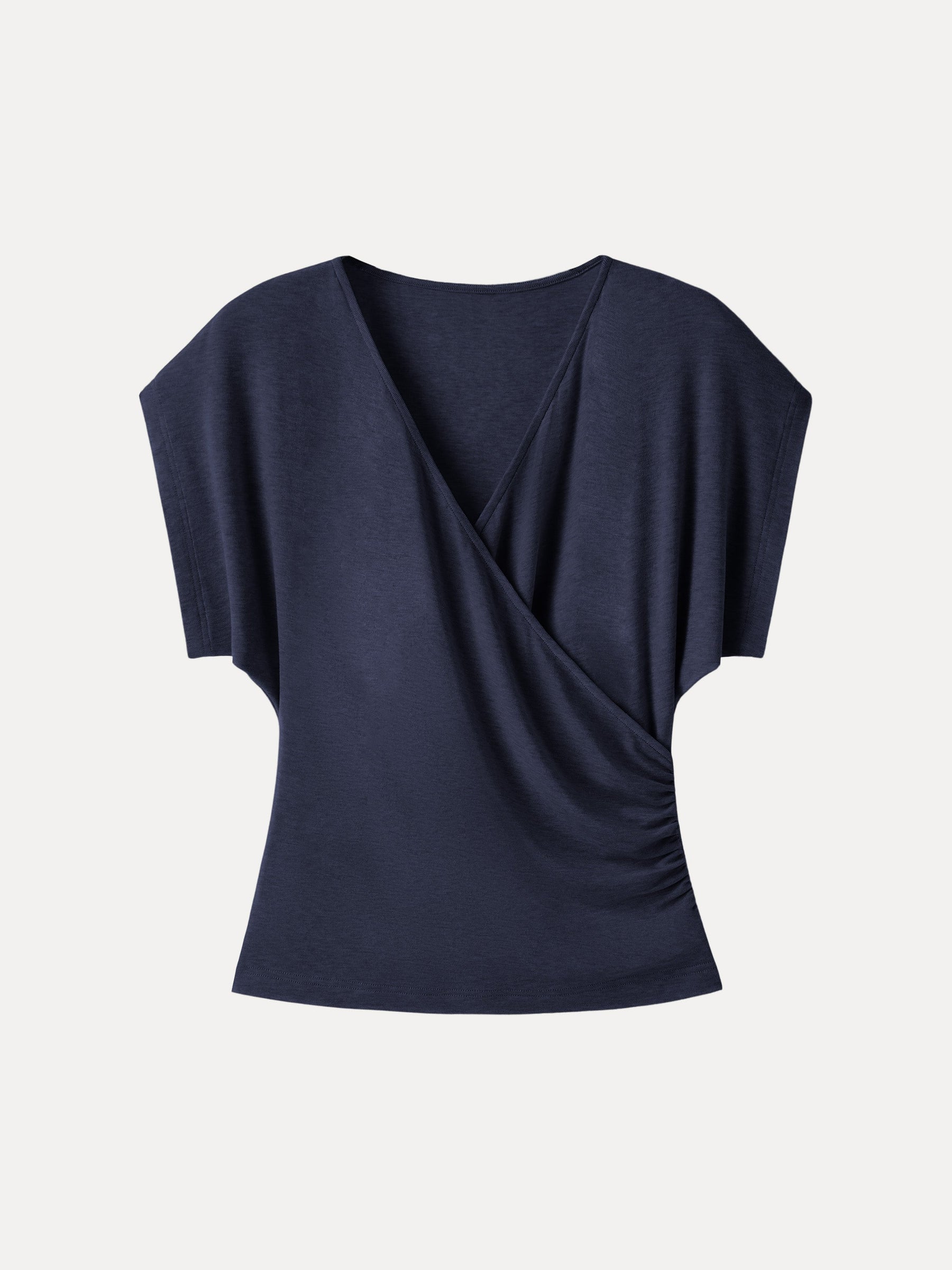 Summer Lyocell Wool Suprlice Ruched Short Sleeve Top
