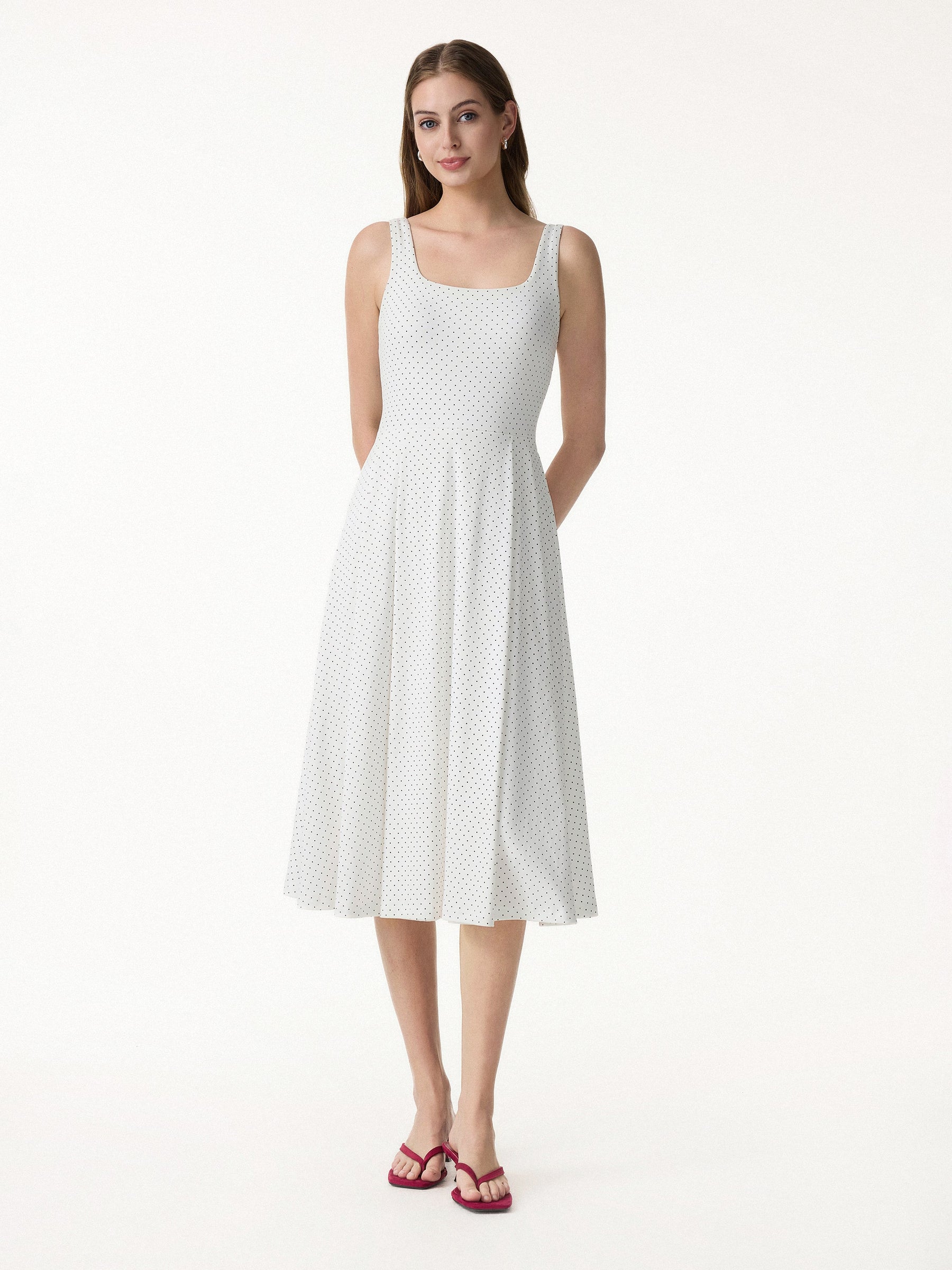 Stretch Cotton Polka Dot Square Neck Midi Bra Dress with Pockets Limited Edition