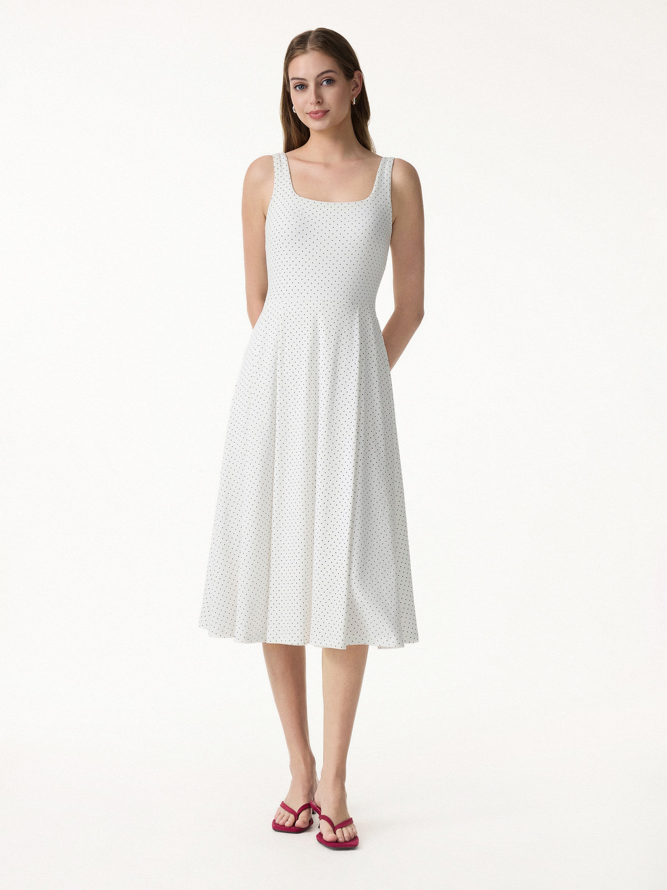 Stretch Cotton Polka Dot Square Neck Midi Bra Dress with Pockets Limited Edition