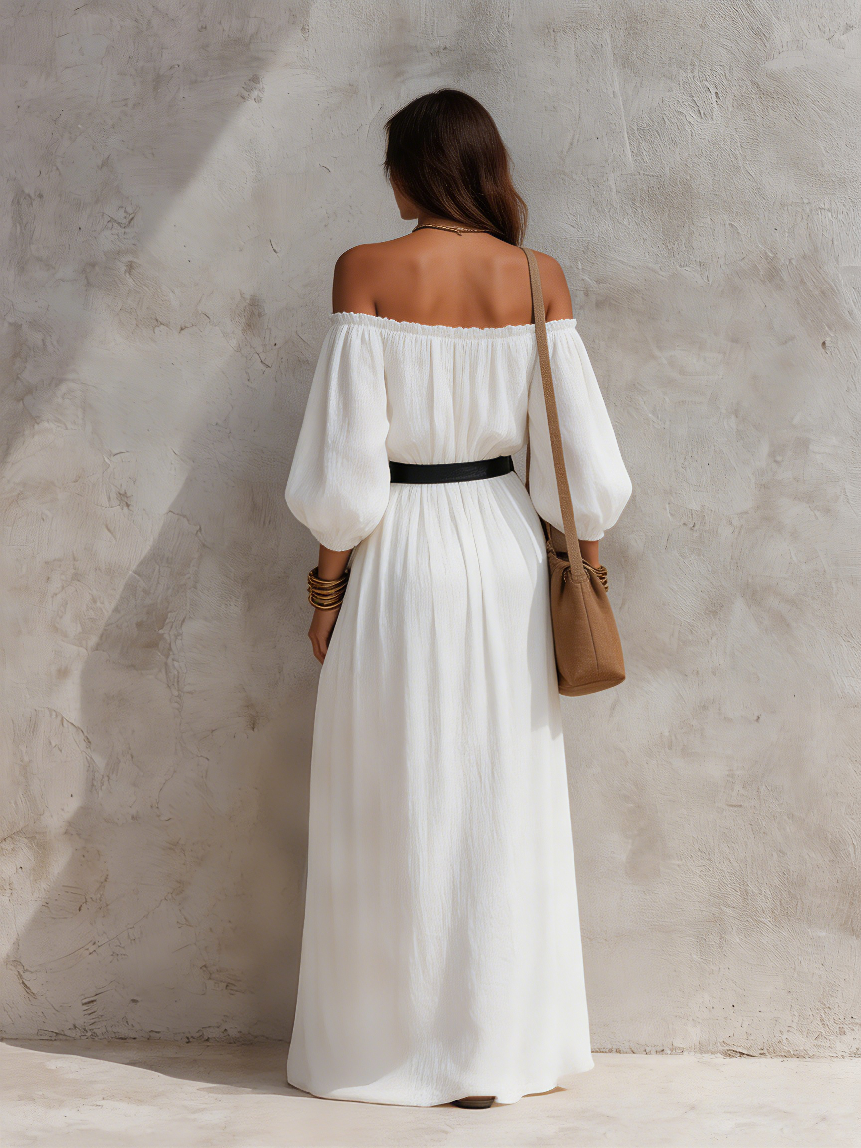 Women's Casual Beige Woven Off-Shoulder Long-Sleeve Maxi Dress (with Belt) MDZ0293G6LXY