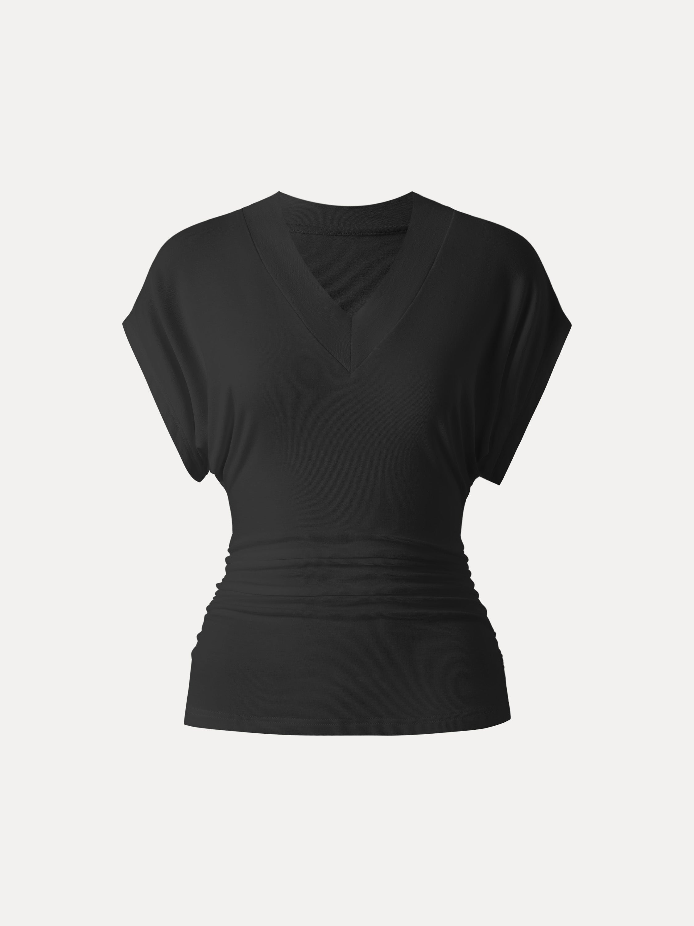 Semi-sheer Lyocell Cashmere Blend V-neck Short Sleeve Side Ruched Tee