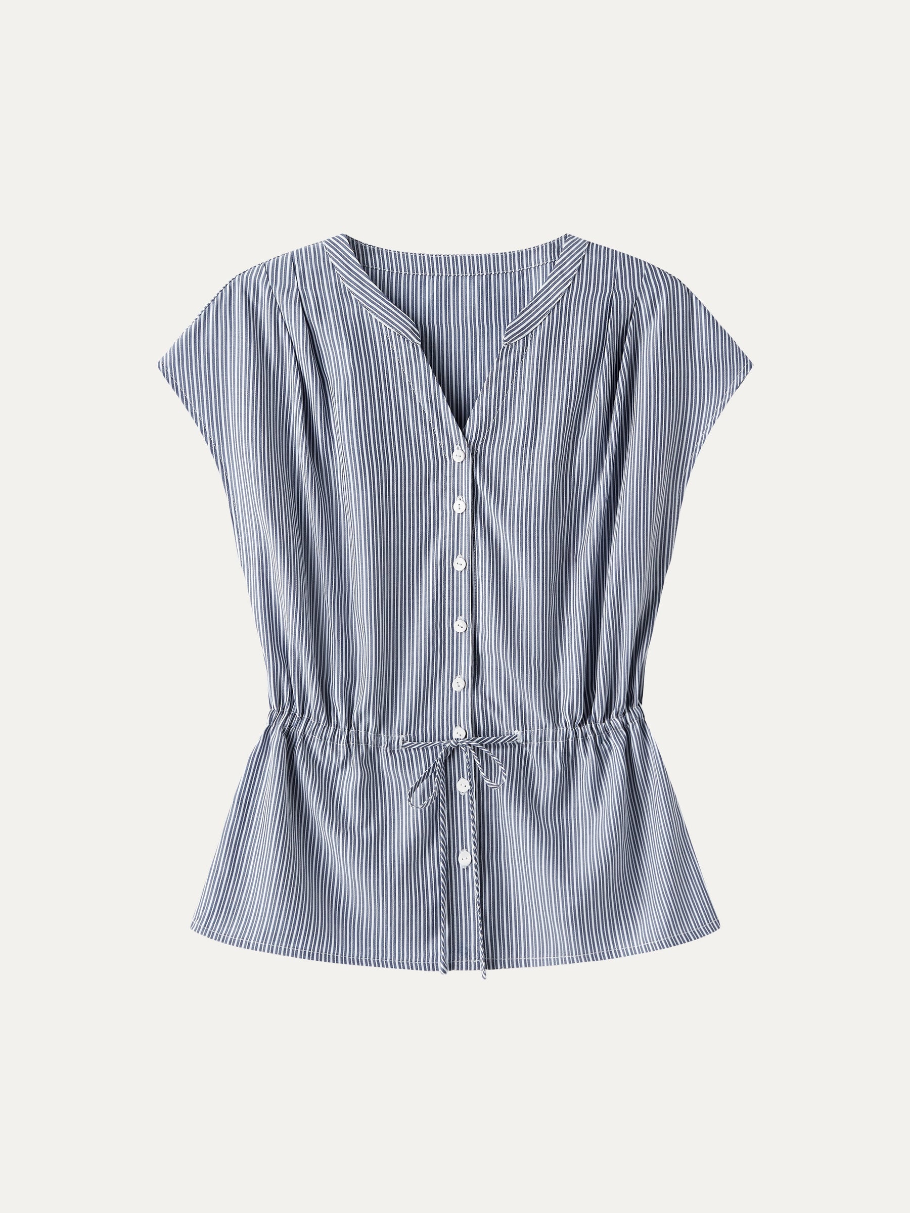 Notched V-Neck Drawstring Waist Poplin Shirt