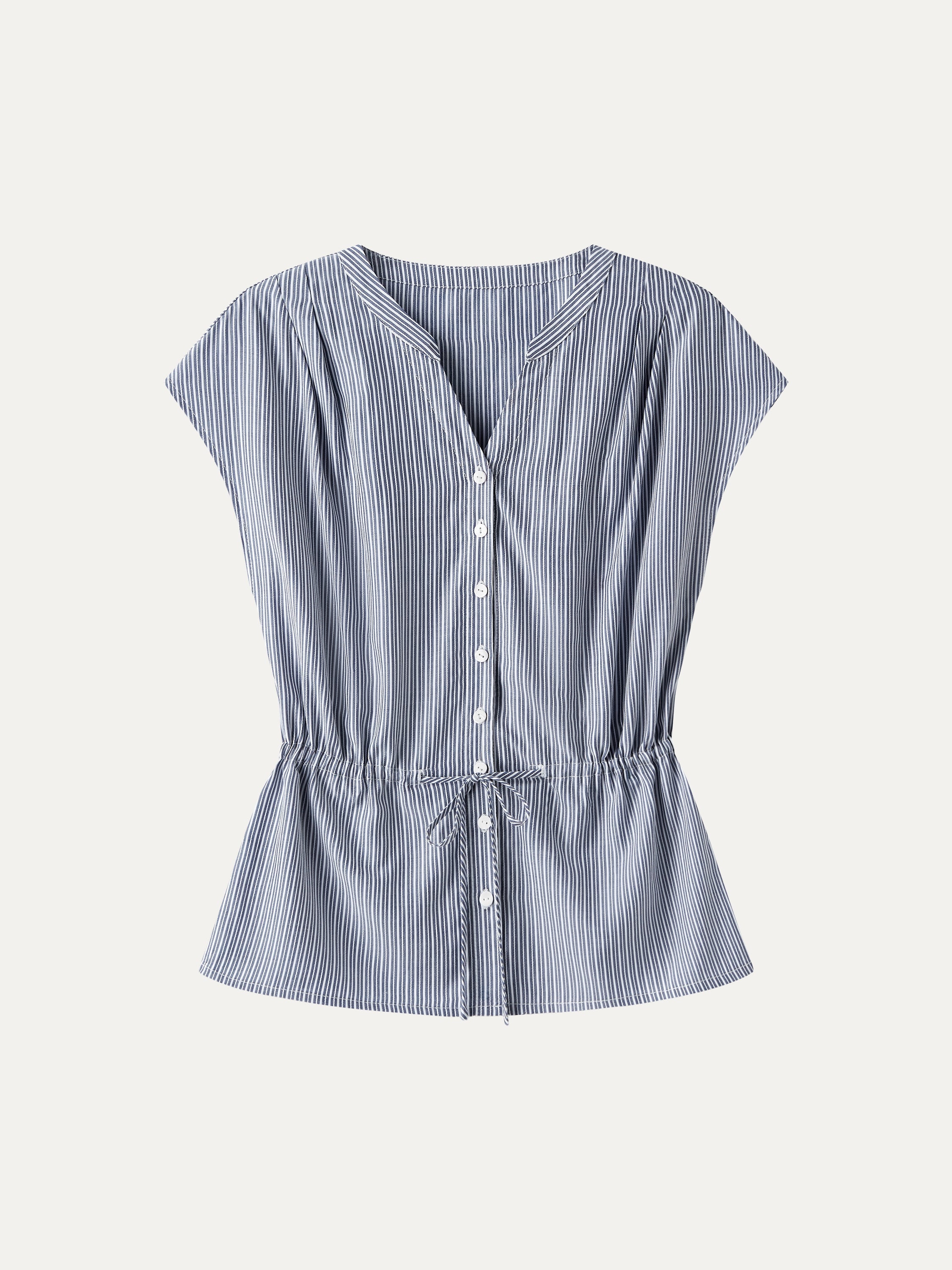Notched V-Neck Drawstring Waist Poplin Shirt
