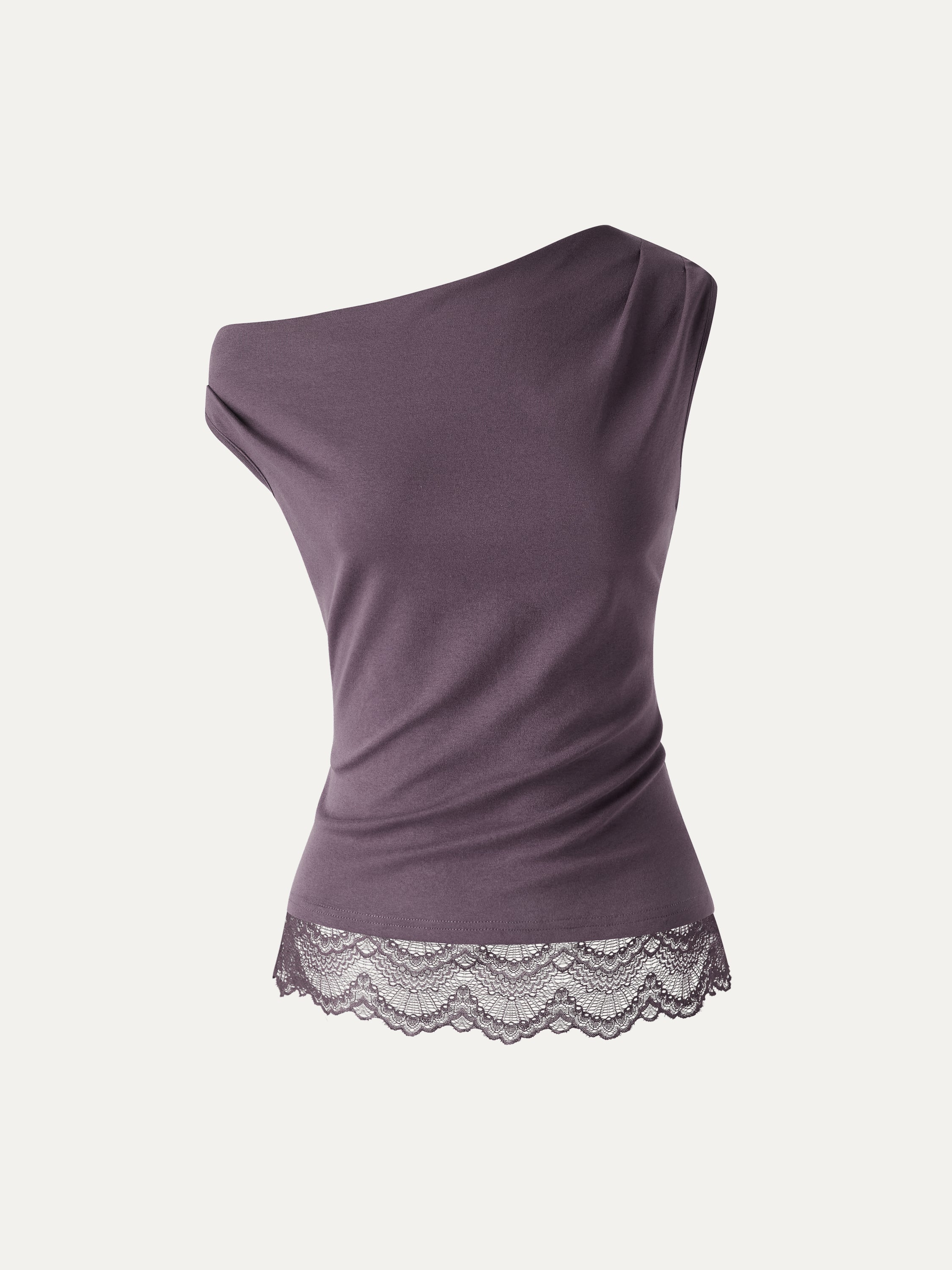 Lace Trim Cotton Lyocell Asymmetrical Shoulder Top