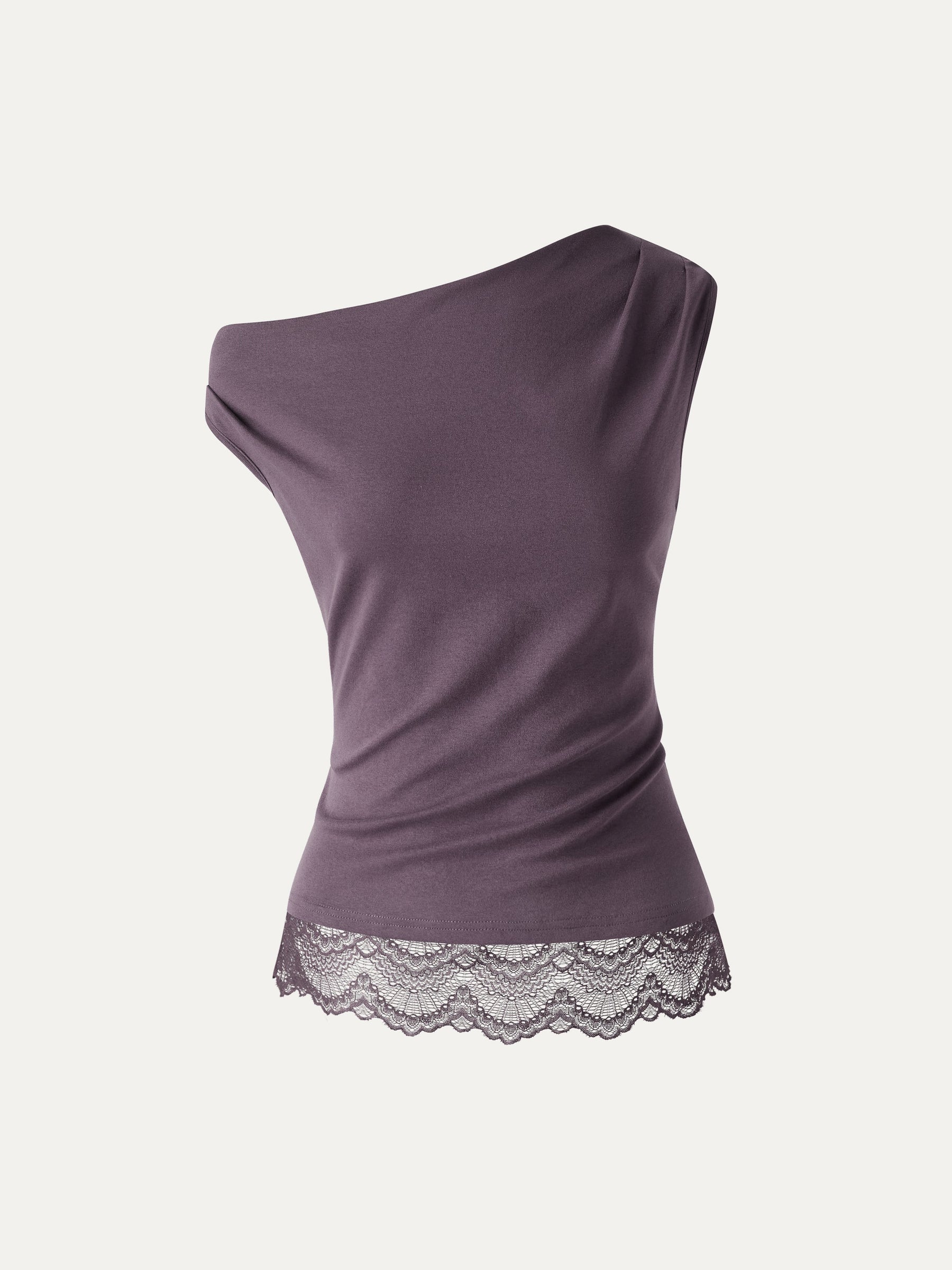 Lace Trim Cotton Lyocell Asymmetrical Shoulder Top